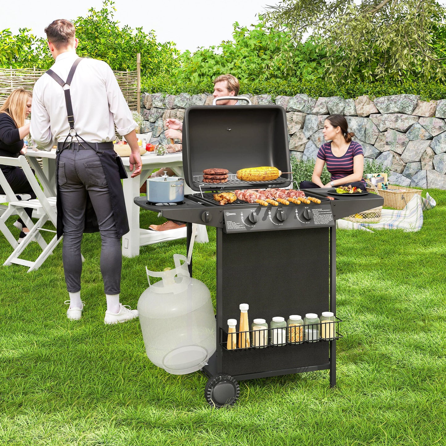 3+1 Burner Propane Gas BBQ Grill, Portable Gas Barbecue Grill with Side Burner, Thermometer, Lid, Side Table, Shelf, Spi