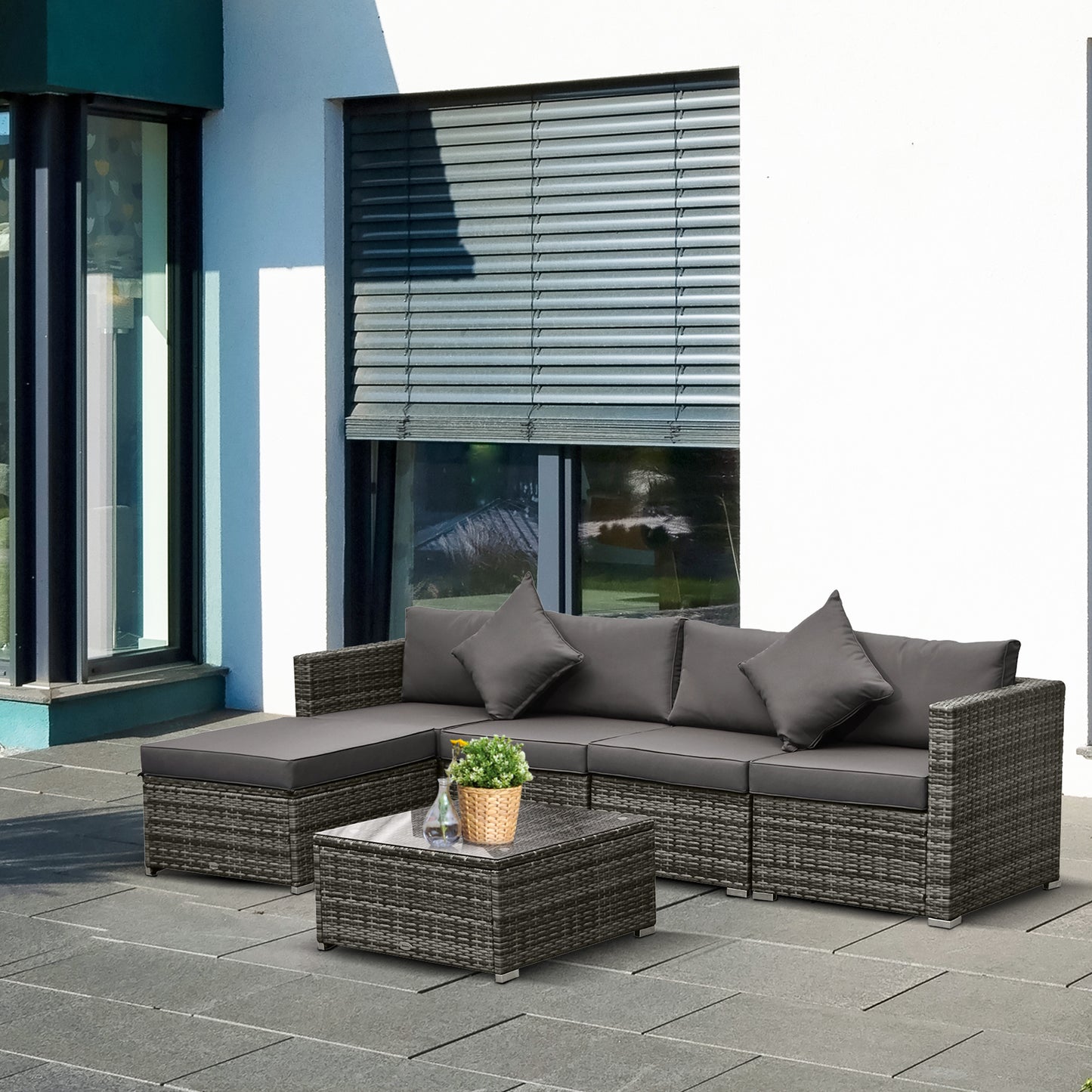 6 Pieces Outdoor PE Rattan Wicker Patio Furniture Sofa Set with Thick Cushions, Deluxe Garden Sectional Couch with Glass