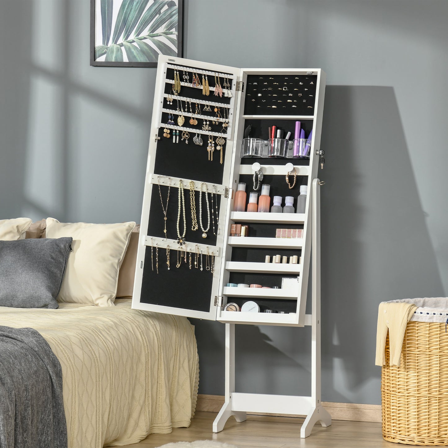 Lockable Jewelry Armoire with LED Light, Standing Mirror with Storage for Bedroom Dressing Room, White