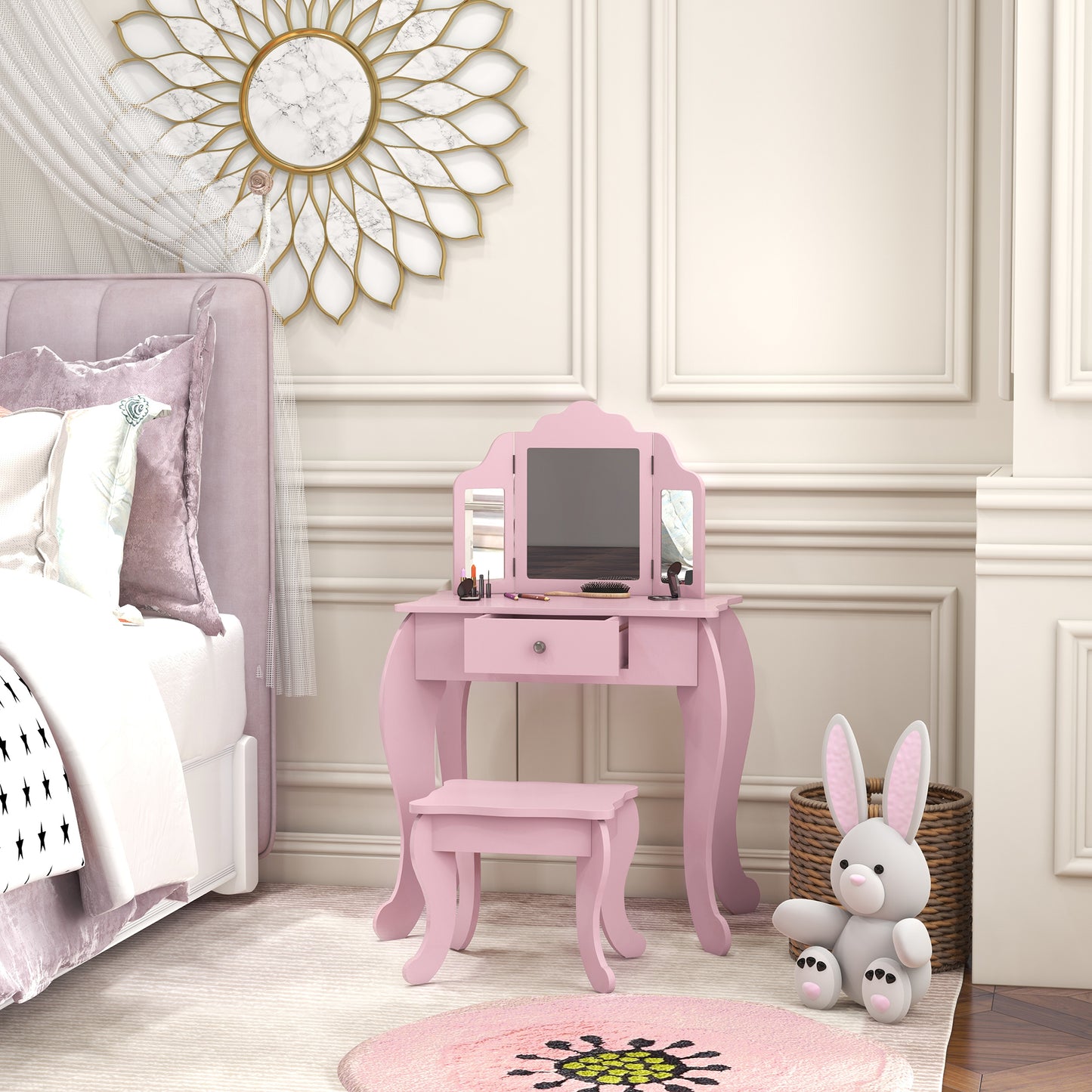 Qaba Kids Vanity Table and Stool, Makeup Vanity Girls Dressing Table Set with Tri-folding Mirrors Drawer Star and Heart