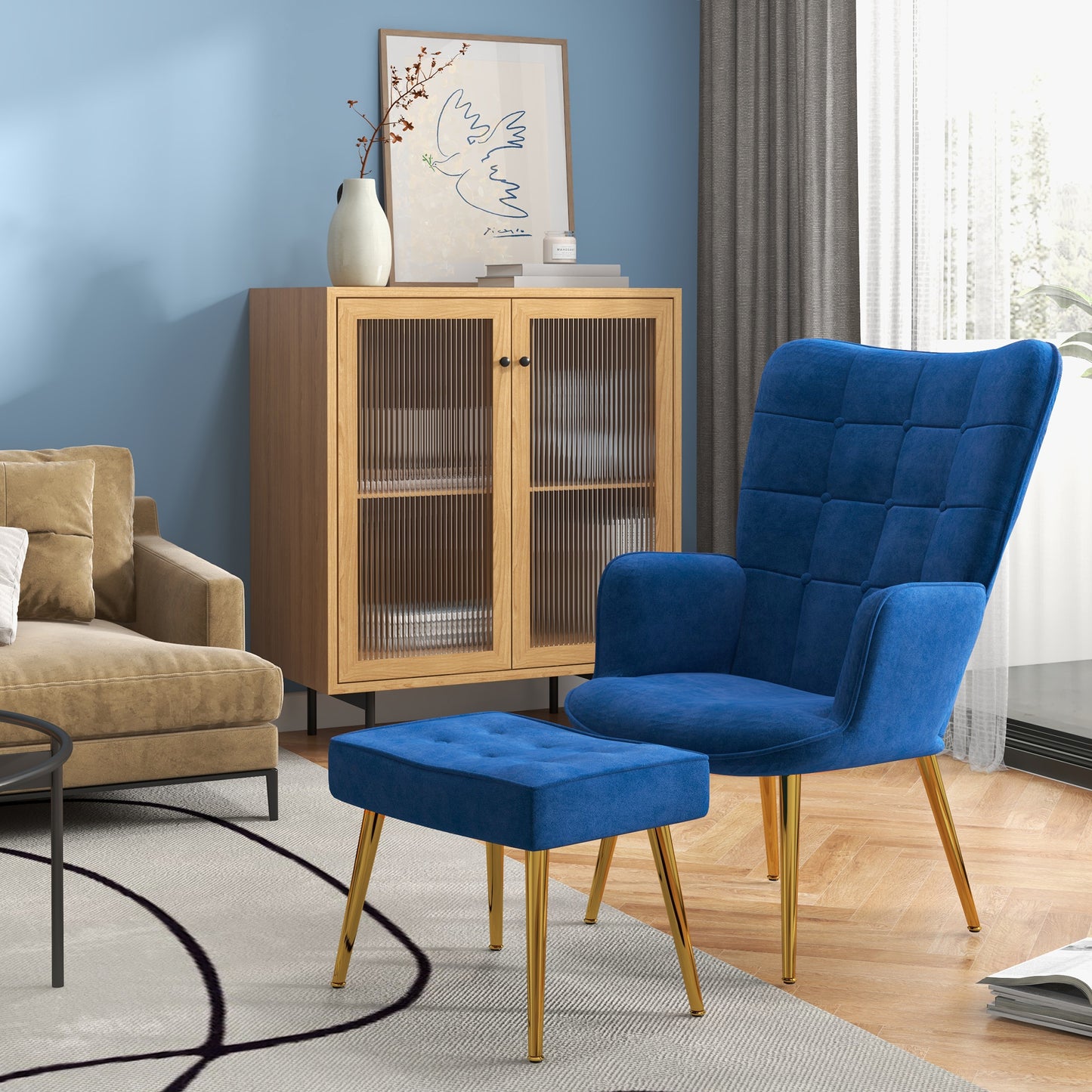 Modern Accent Chair with Ottoman, Upholstered Armchair with Footrest, Gold Metal Legs for Living Room, Bedroom, Dark Blu