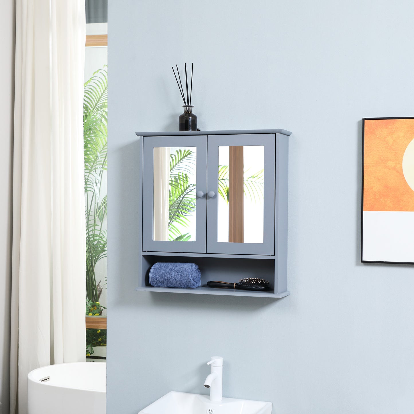 Medicine Cabinet, Wall-Mounted Bathroom Mirror Cabinet with Double Doors, Open Shelf, and Adjustable Shelf, Modern Bathr