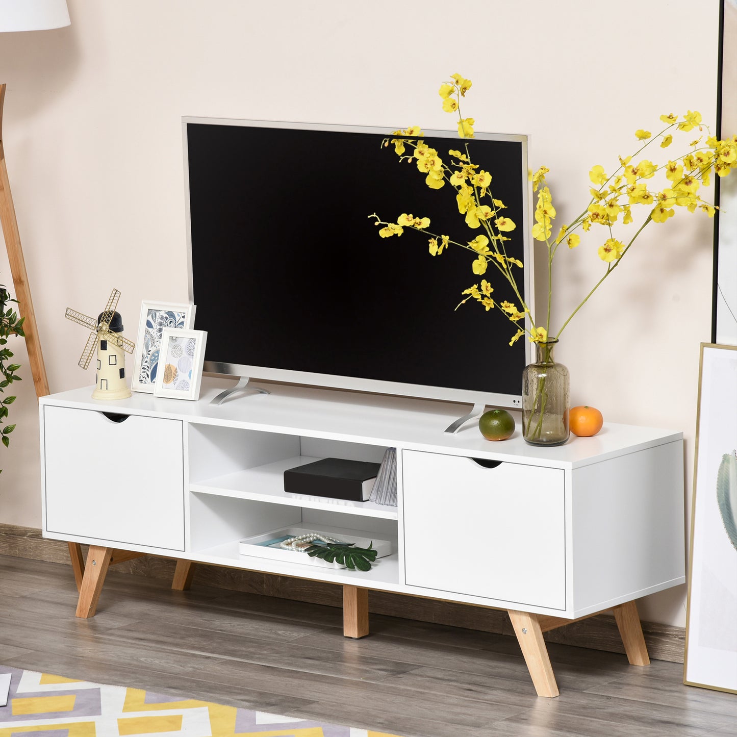 Modern Wooden TV Stand with 2 Storage Cabinet Stand for TV's up to 65" for Living Room Office, Storage Entertainment Cen