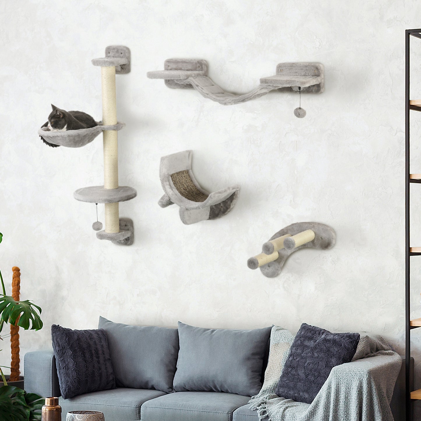 4Pcs Cat Wall Shelf with Scratching Post, Cat Wall Shelves for Relaxing, Climbing, Cat Wall With Soft Ladder, Hammock, P