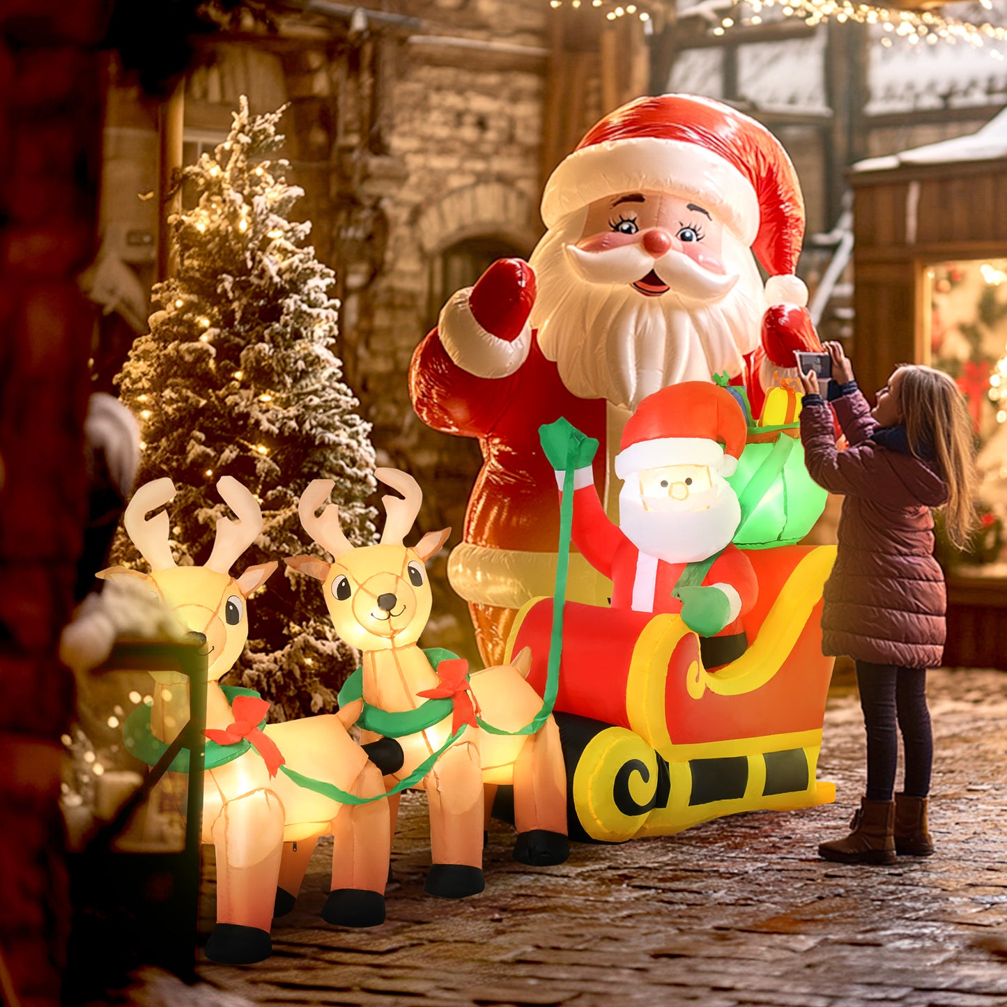 8ft Christmas Inflatables Santa Claus with Sleigh and Reindeer, Outdoor Decoration with LED Lights Display