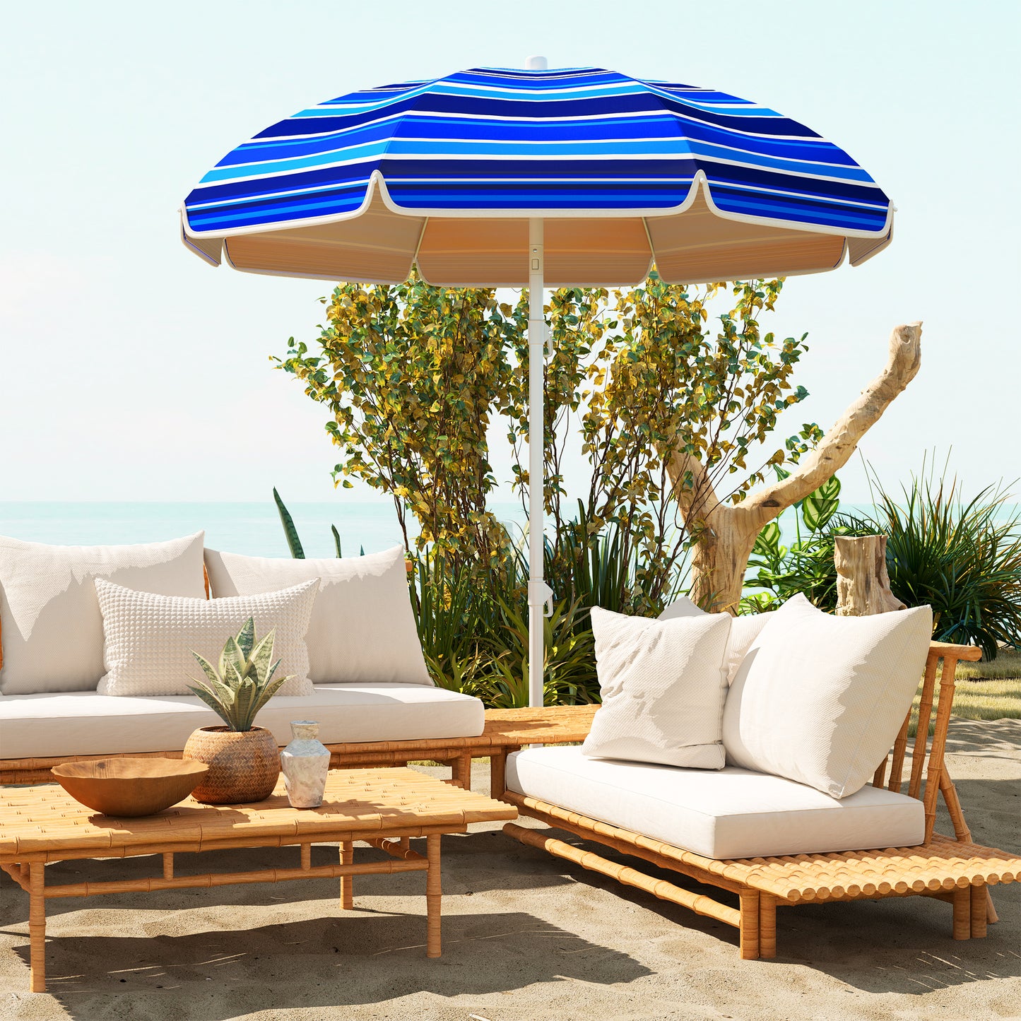 70.9" Dia. Portable Beach Umbrella, UV 50+ Ruffled Outdoor Umbrella with Adjustable Tilt Multicolor