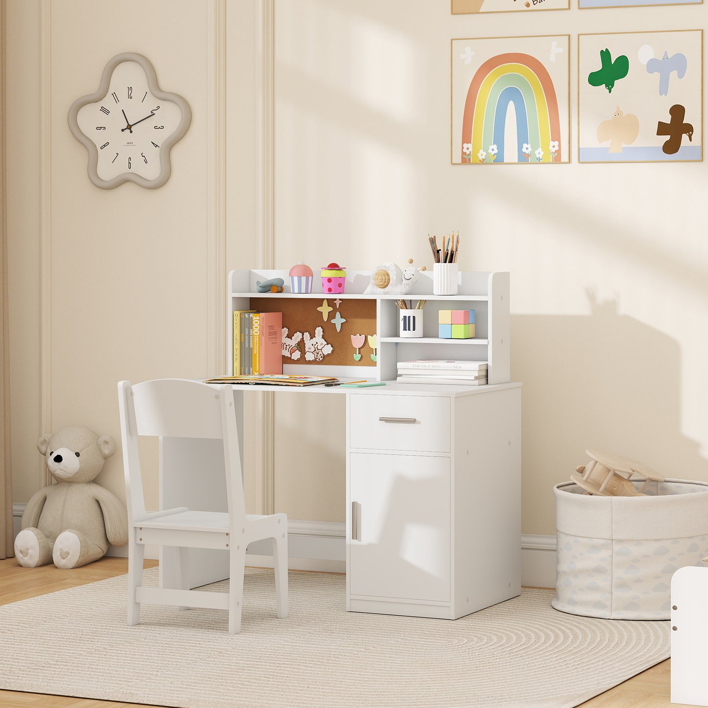 Qaba Kids Desk and Chair Set, Kids Study Table and Chair Set with Storage Hutch, Drawer, Cabinet, Compartments, Cork Boa