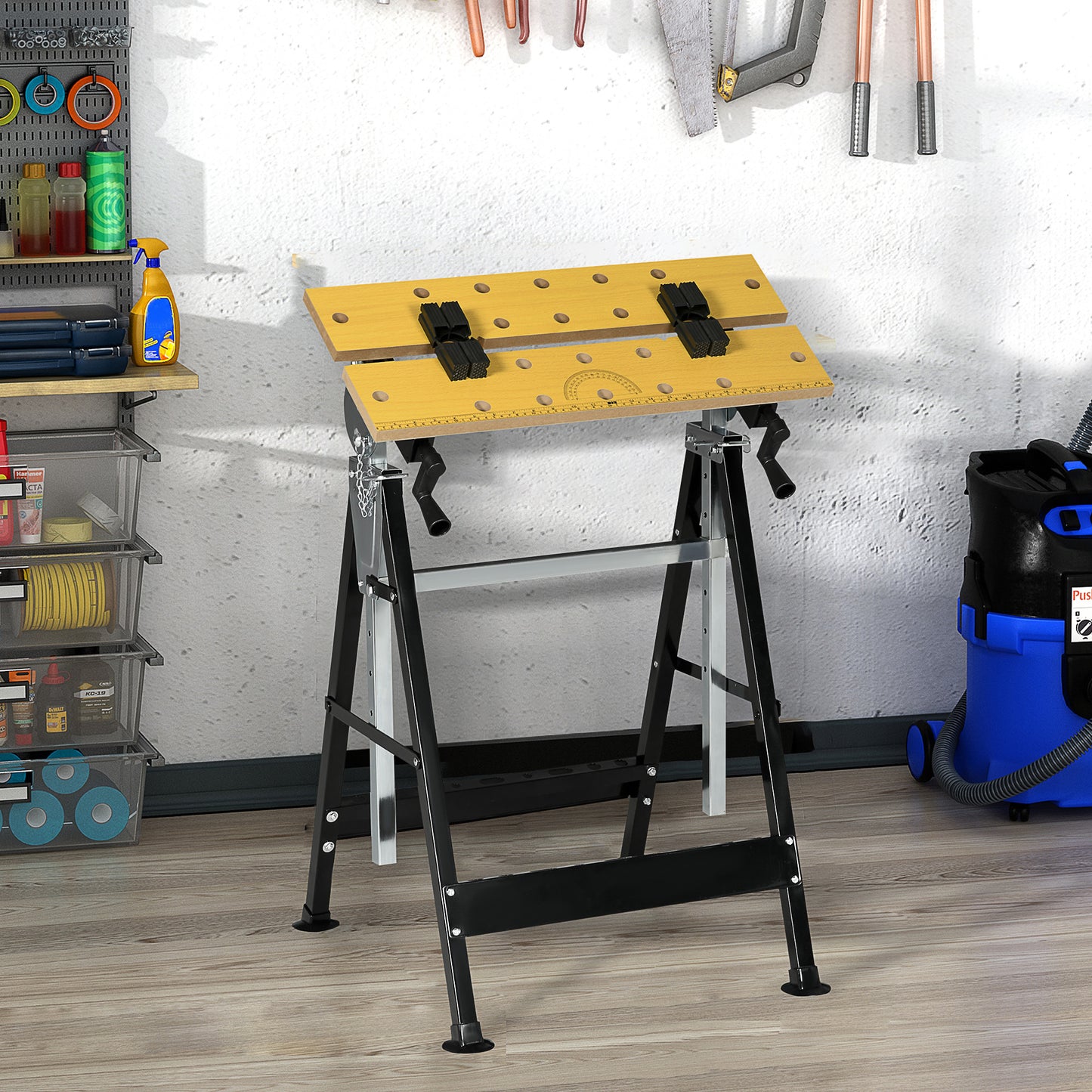 Portable Work Bench, Workshop Tool Stand with 6-Level Height Adjustable Work Table, Carpenter Saw Table with 4 Clamps, S