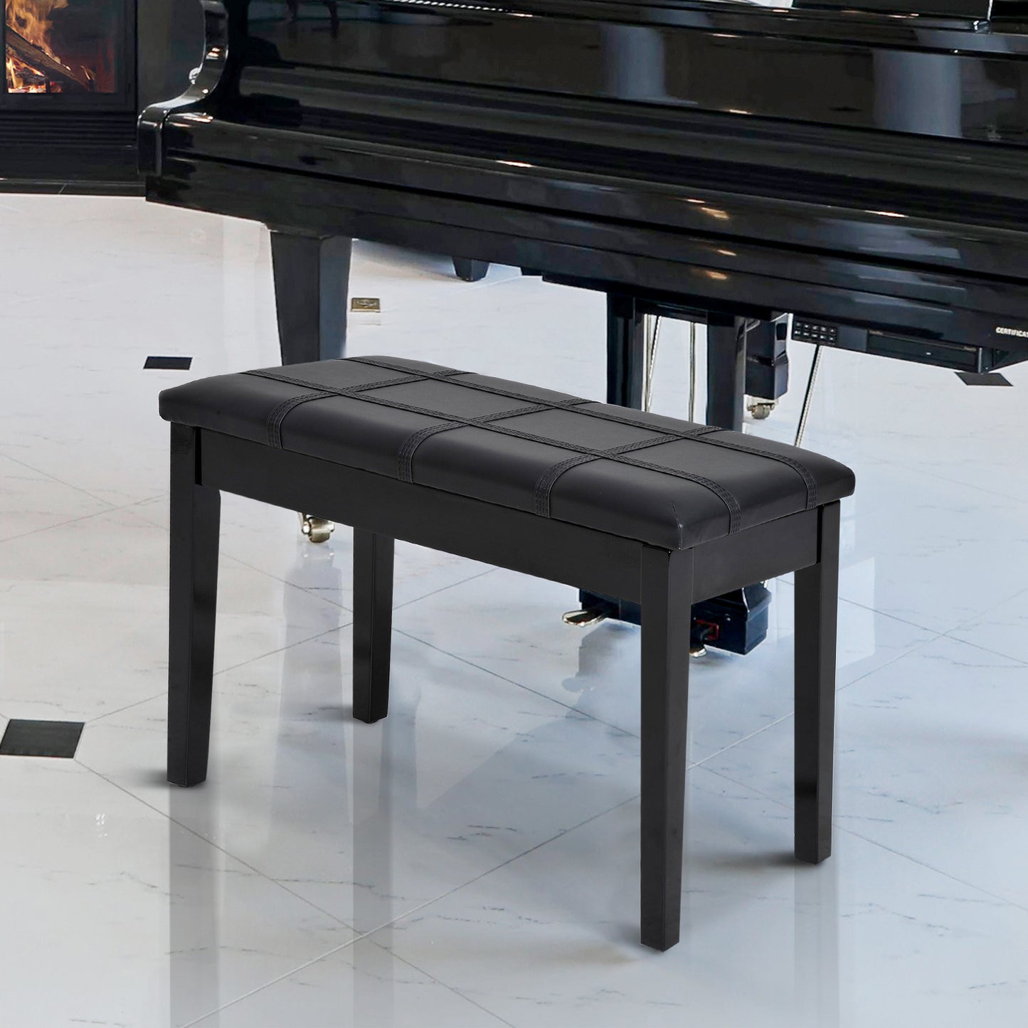 Classic Piano Bench Stool, PU Leather Padded Keyboard Seat with Rubber Wood Legs and Music Storage Compartment, Banded S