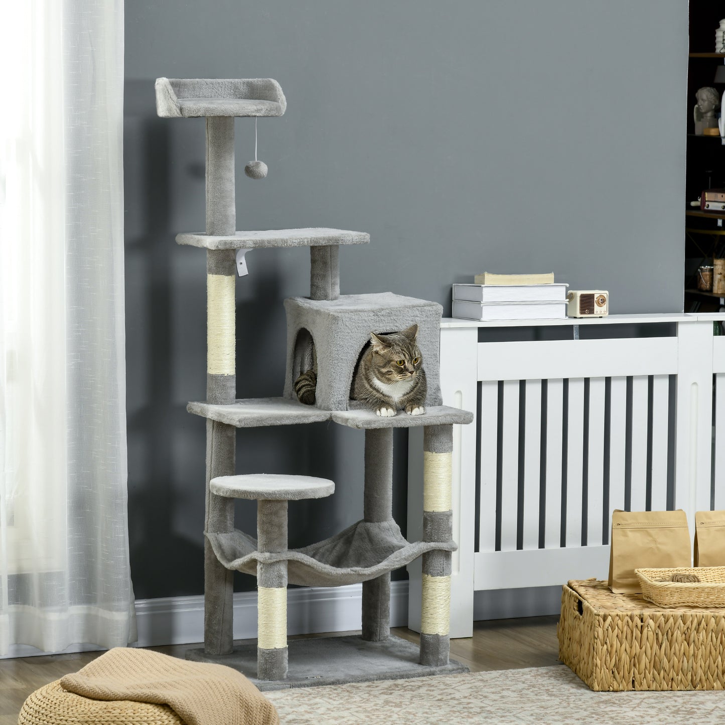 Tall Cat Tree for Indoor Cats, 56" Multi-Level Cat Tower with Hammock, Cat Bed, Cat Condo with Sisal Scratching Posts, G