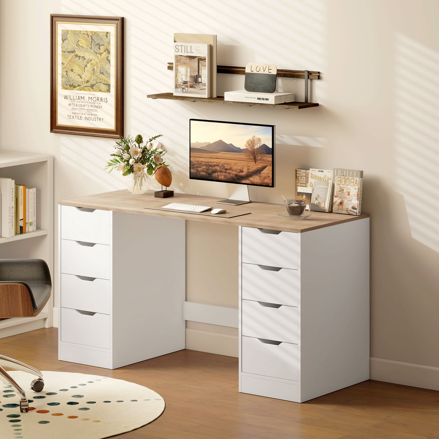 Desk with 8 Drawers, 55.1"W × 20.9"D × 29.5"H Modern Computer Desk for Office, Living Room, White