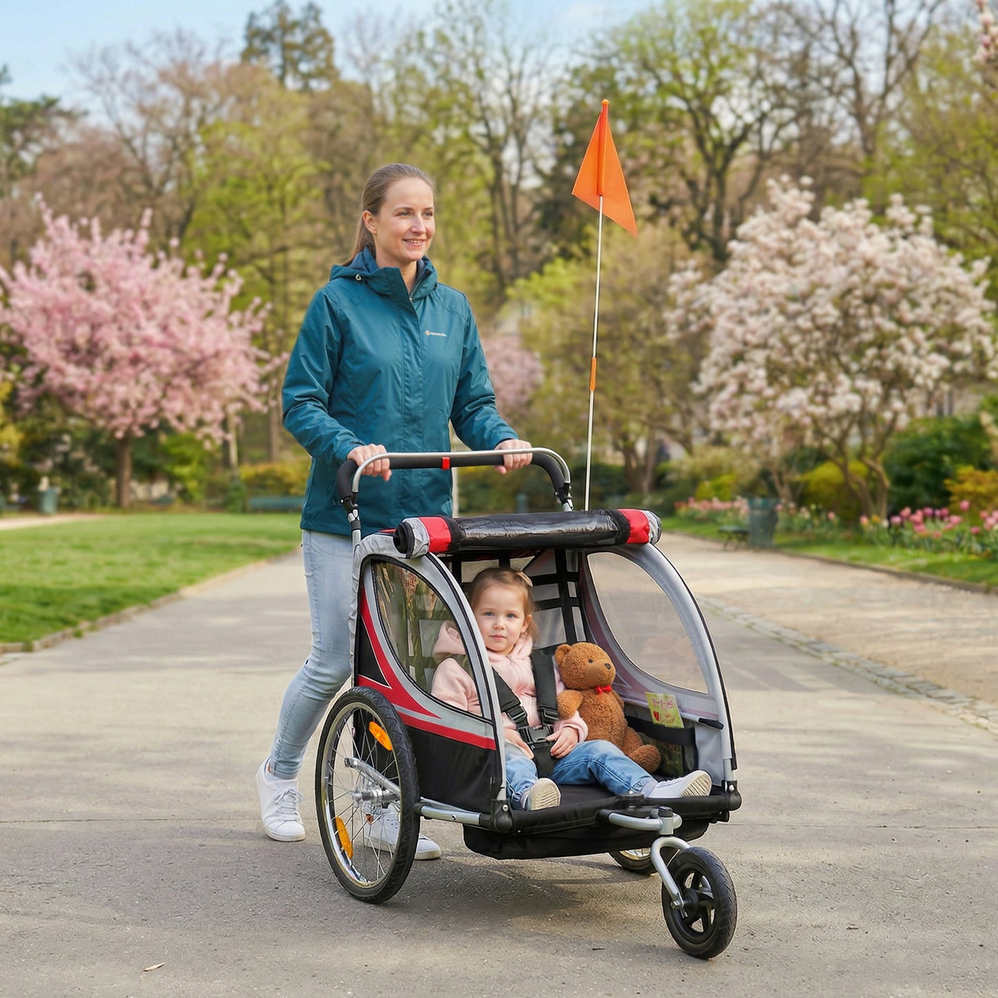 VarietyKart 2 Seat Bike Trailer for Kids 2-in-1 Double Baby Stroller with Handbrake, Rubber Wheels, 5 Point Harness, Wat