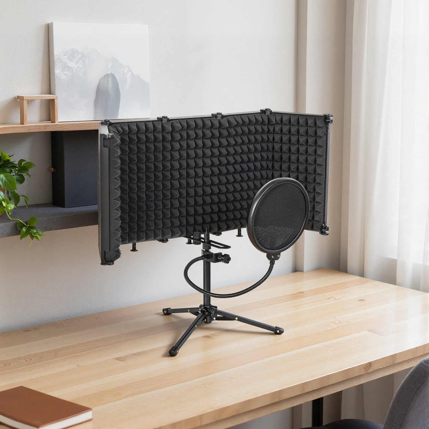 Foldable Studio Recording Microphone Isolation Shield with Pop Filter, Stand, 3/8" Threaded Mount, Black