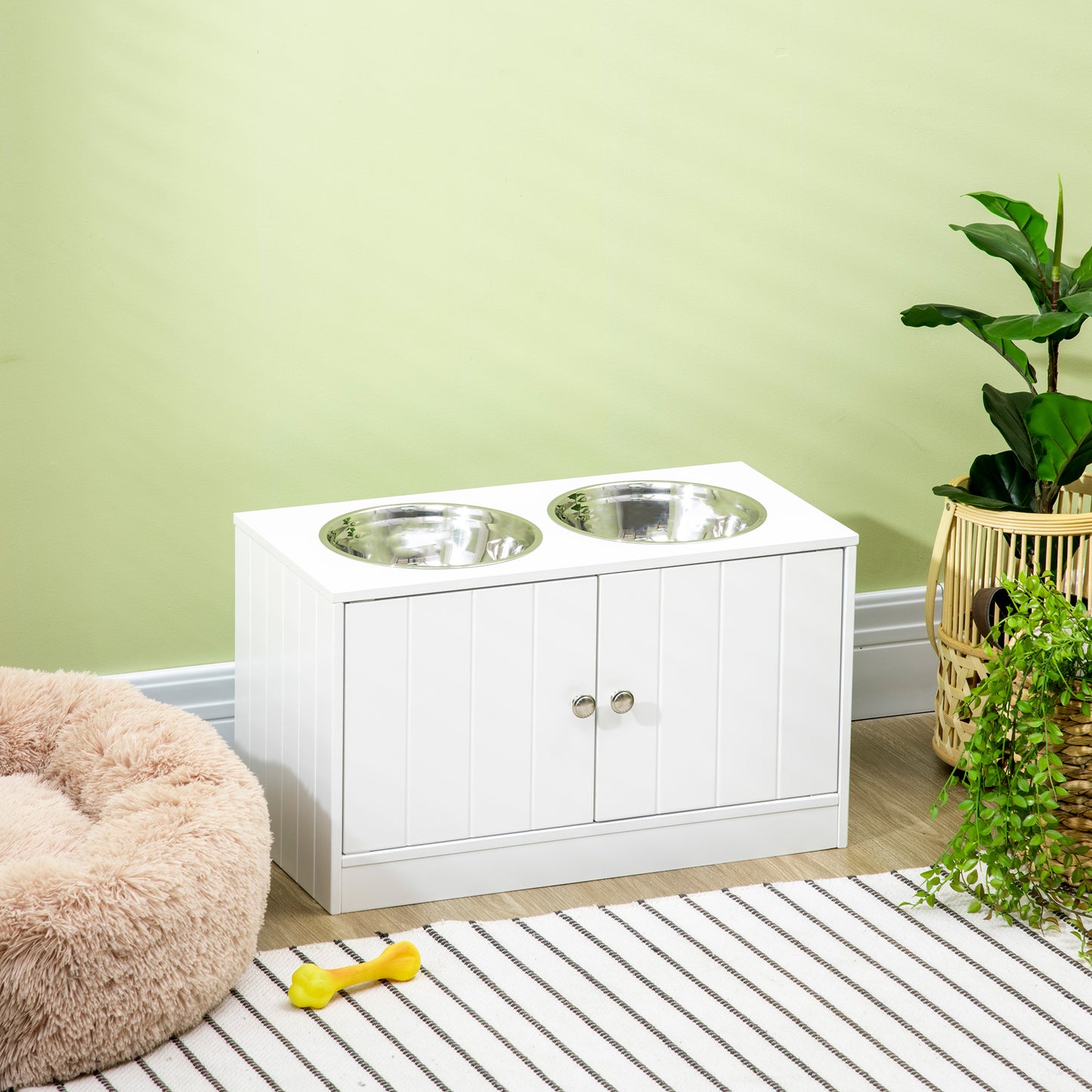 Elevated Dog Bowls for Large Dogs Pet Feeding Station with Stand, Storage, 2 Stainless Steel Food and Water Bowls, White