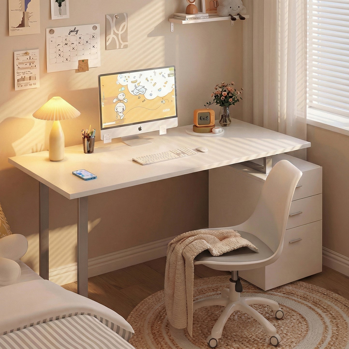 47" Computer Desk Writing Table Workstation with Multi-Use Reversible File Drawers Metal Frame Home Office Furniture, Wh