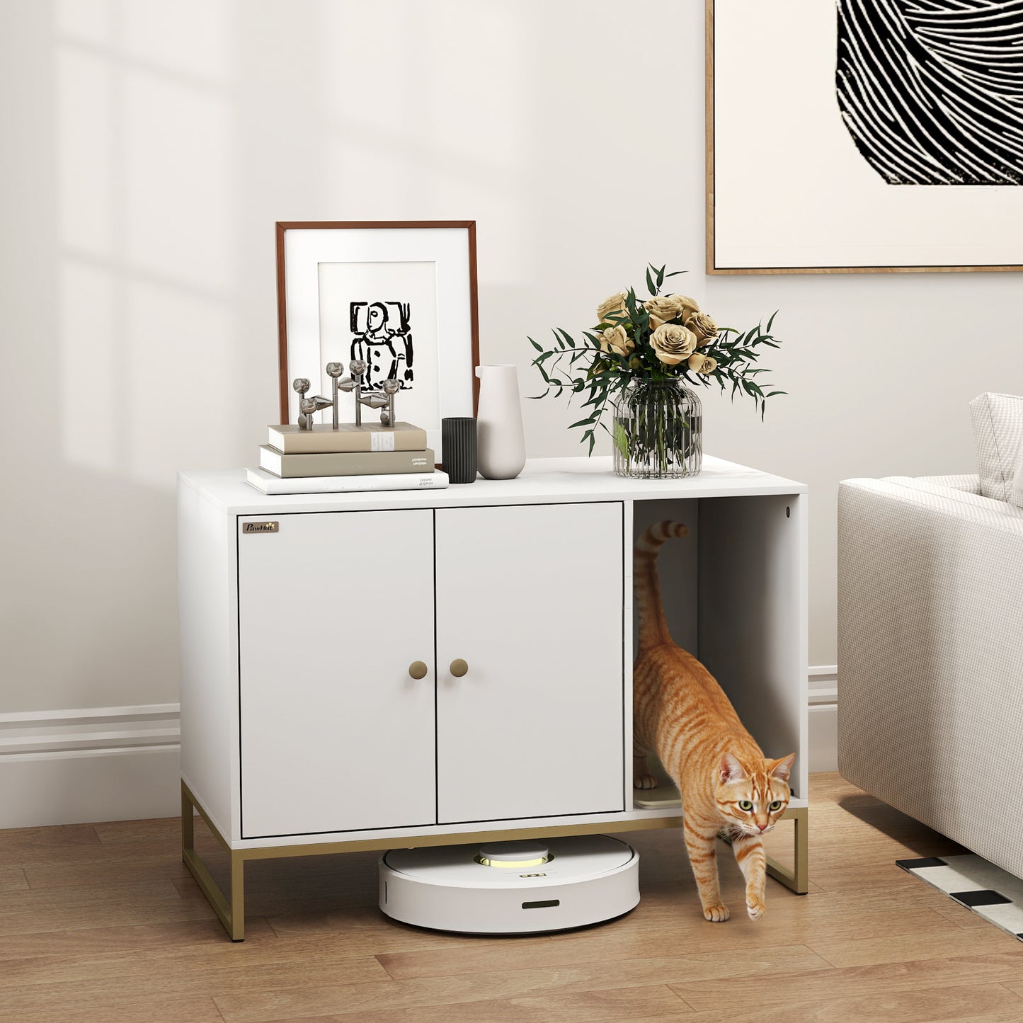 Cat Litter Box Enclosure with Tall Legs, Litter Mat, Fits Mots of Litter Box, 31.5" x 20" x 22", White
