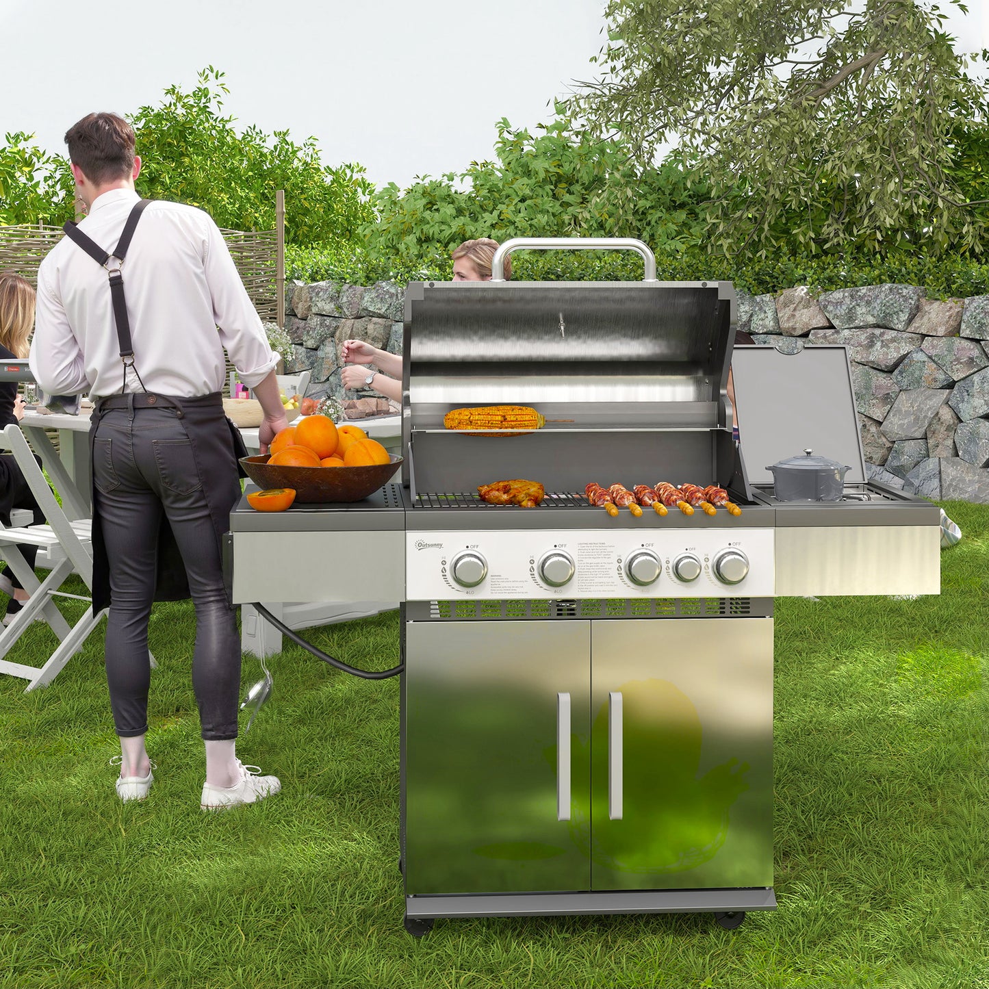 4+1 Burner Liquid Propane Gas Grill Outdoor Portable BBQ with Side Burner, Warming Rack, Side Shelf, Storage Cabinet, Th