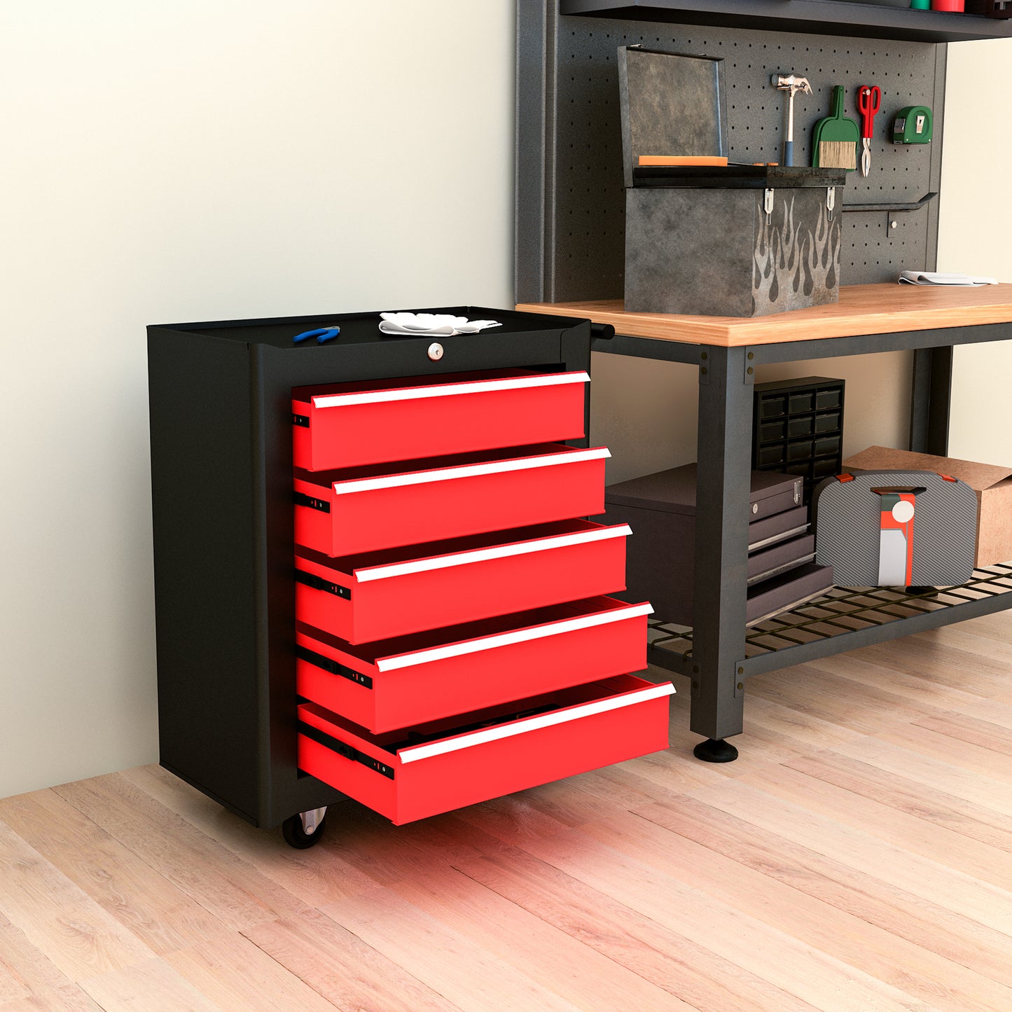 5 Drawer Roller Tool Chest, Lockable Toolbox, Storage Organizer with Handle for Workshop Mechanics Garage, Black and Red
