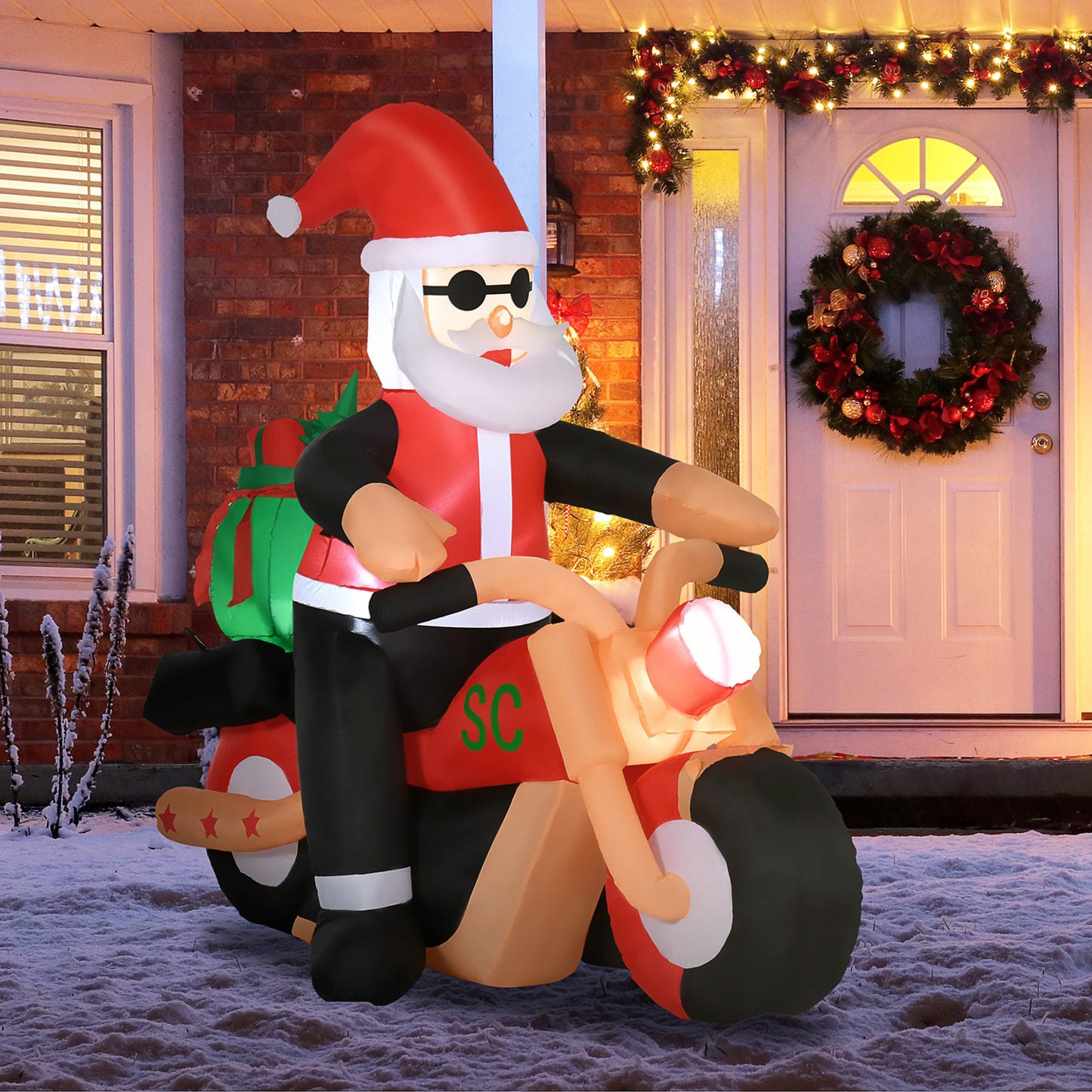 5.5' H Christmas Holiday Yard Inflatable Outdoor, Light Up LED Decoration, Santa Claus Riding a Motorcycle