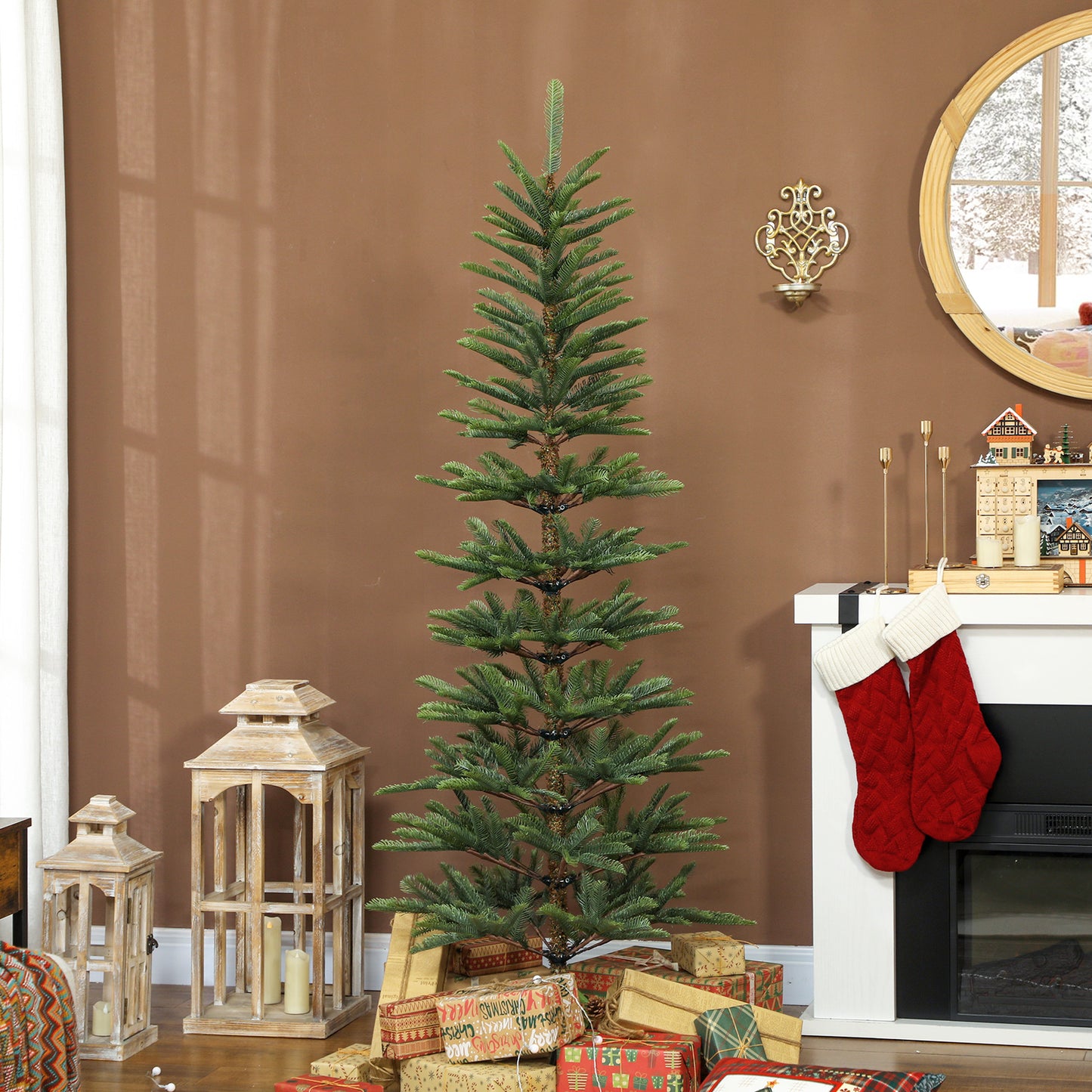 6 ft Artificial Fir Pencil Christmas Tree, Hinged Xmas Tree with 442 Branch Tips and Metal Stand, Easy Assembly, Green