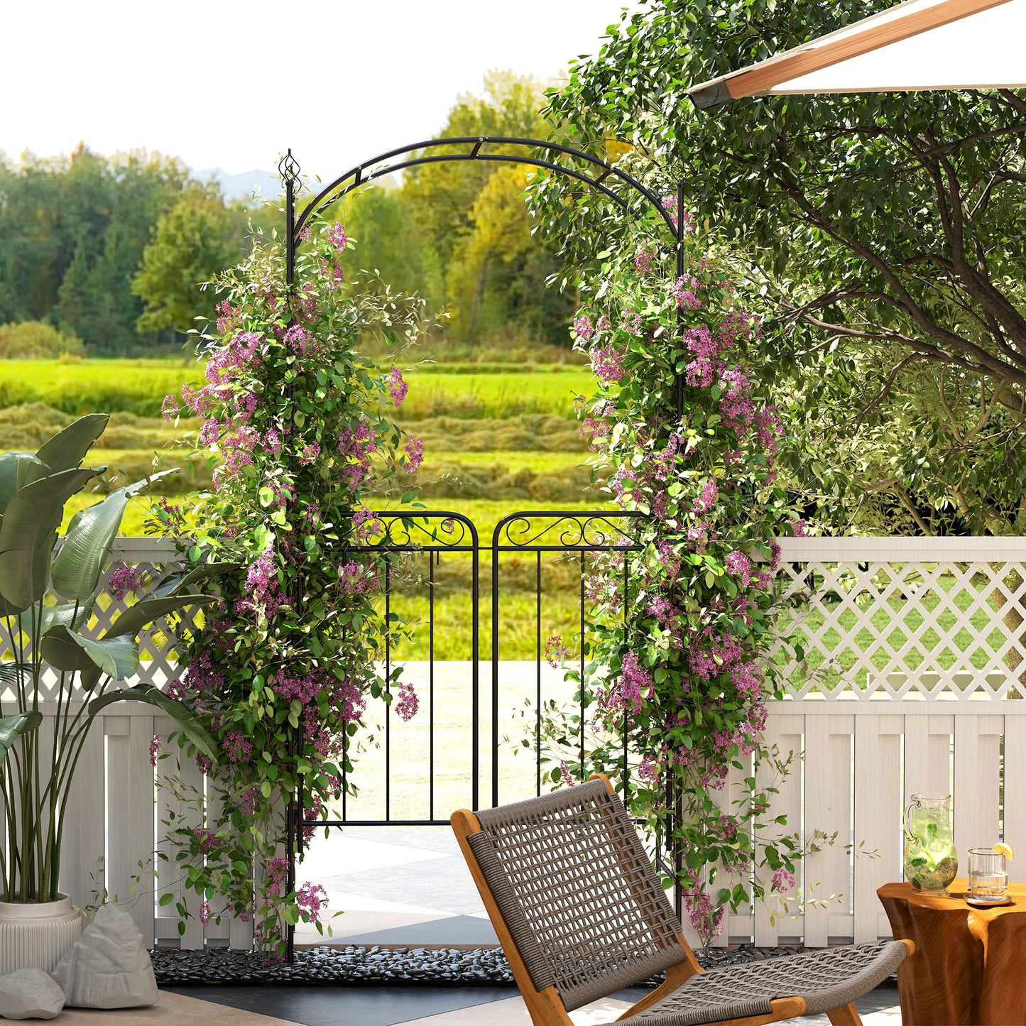 7' Metal Garden Arbor Arch with Scrollwork Doors for Ceremony, Weddings, Party, Backyard, Lawn