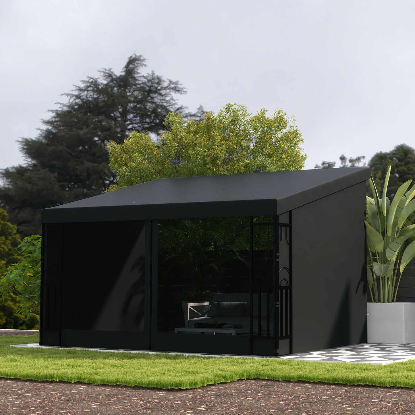10' x 13' Outdoor Pergola, Wall Mounted Hardtop Lean-to Gazebo with 2 Curtains and 2 Nettings, UV Resistant, for Patio,