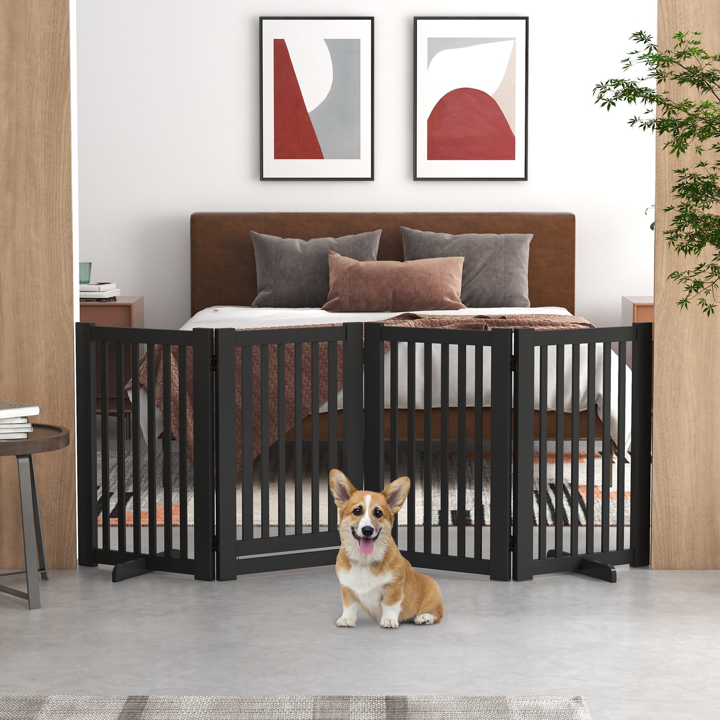4 Panel Free Standing Wooden Pet Gate with Open Door Black