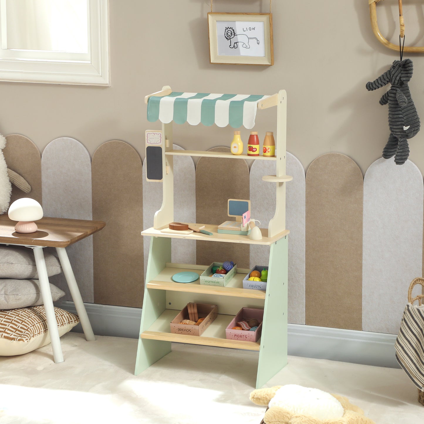 Qaba Kids Grocery Store Playset, Supermarket Toy Set with Cash Register, Chalkboard and Toy Food for Toddler Boys Girls