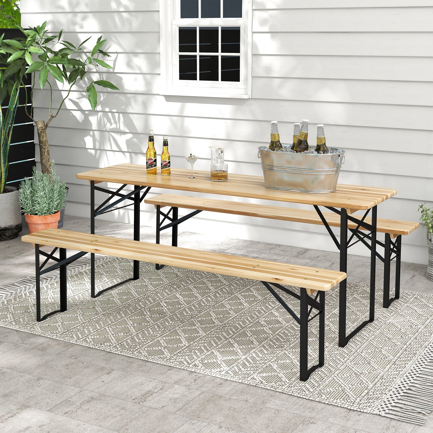 3 Pieces Folding Picnic Table Set, Portable Folding Picnic Table and Benches with Steel Frame for Garden, Park, Natural