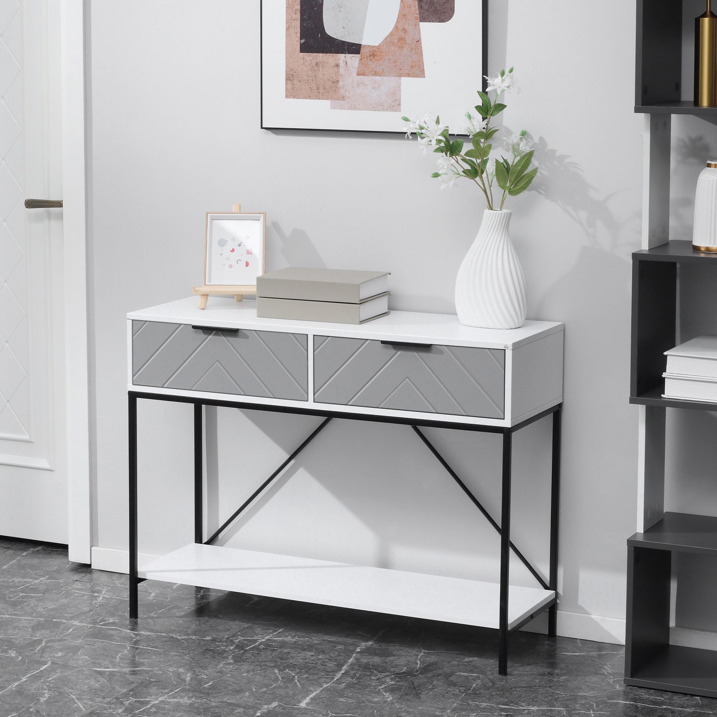 Modern Console Table with 2 Drawers, 2 Tier Entryway Table with storage Shelf, Narrow Sofa Table for Living Room, Hallwa