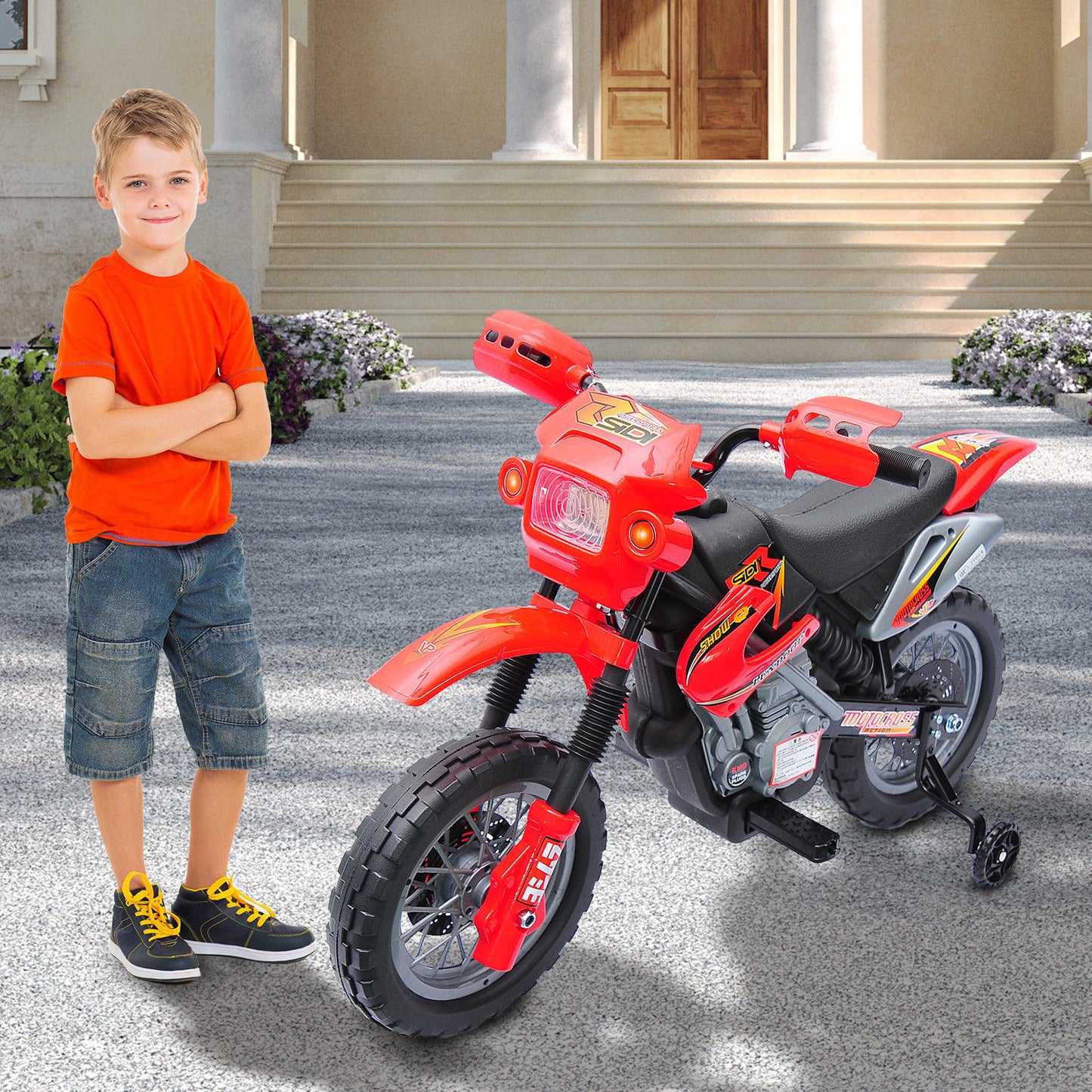 VarietyKart 6V Kid Electric Ride On Motorcycle Powered Dirt Bike Battery Scooter For 3-6 Year Old Kids Toddlers W/ Train
