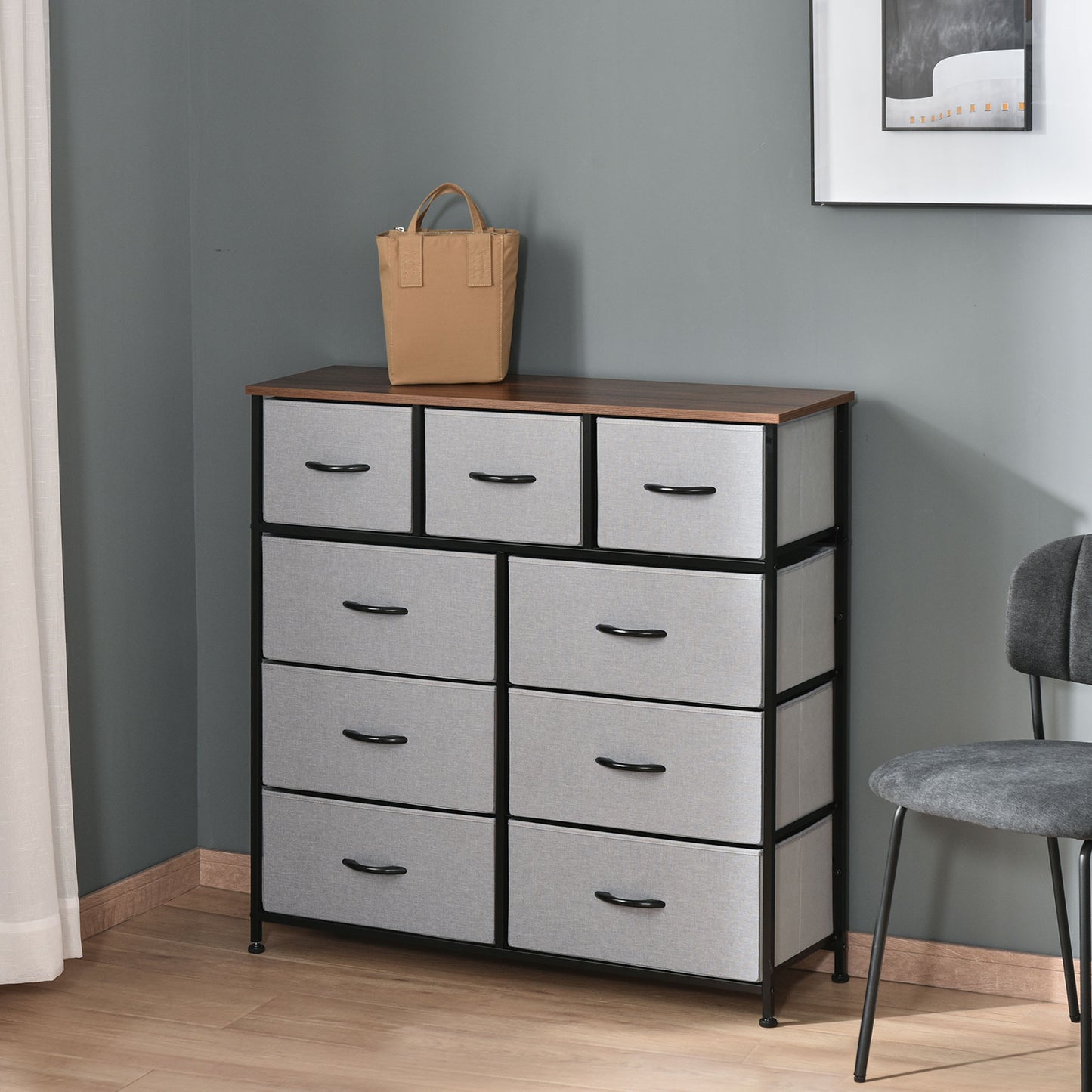 Dresser for Bedroom with 9 Drawers, 4-Tier Fabric Chest of Drawers, Tall Dresser Storage Tower with Steel Frame and Wood