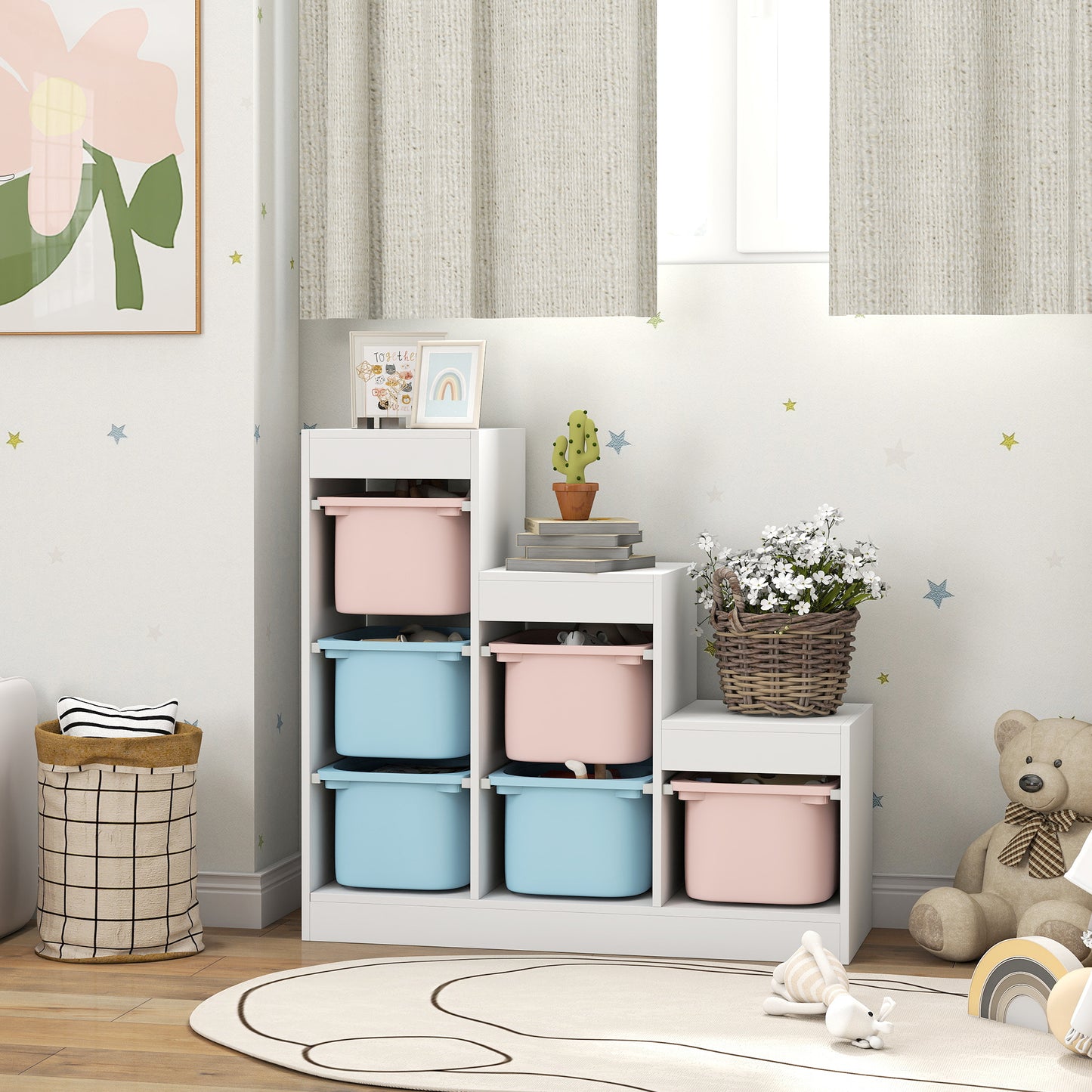 Qaba 3 Layers Toy Storage Organizer Kids Bookshelf Children Toy Storage w/ 6 Plastic Bins, Blue & Pink