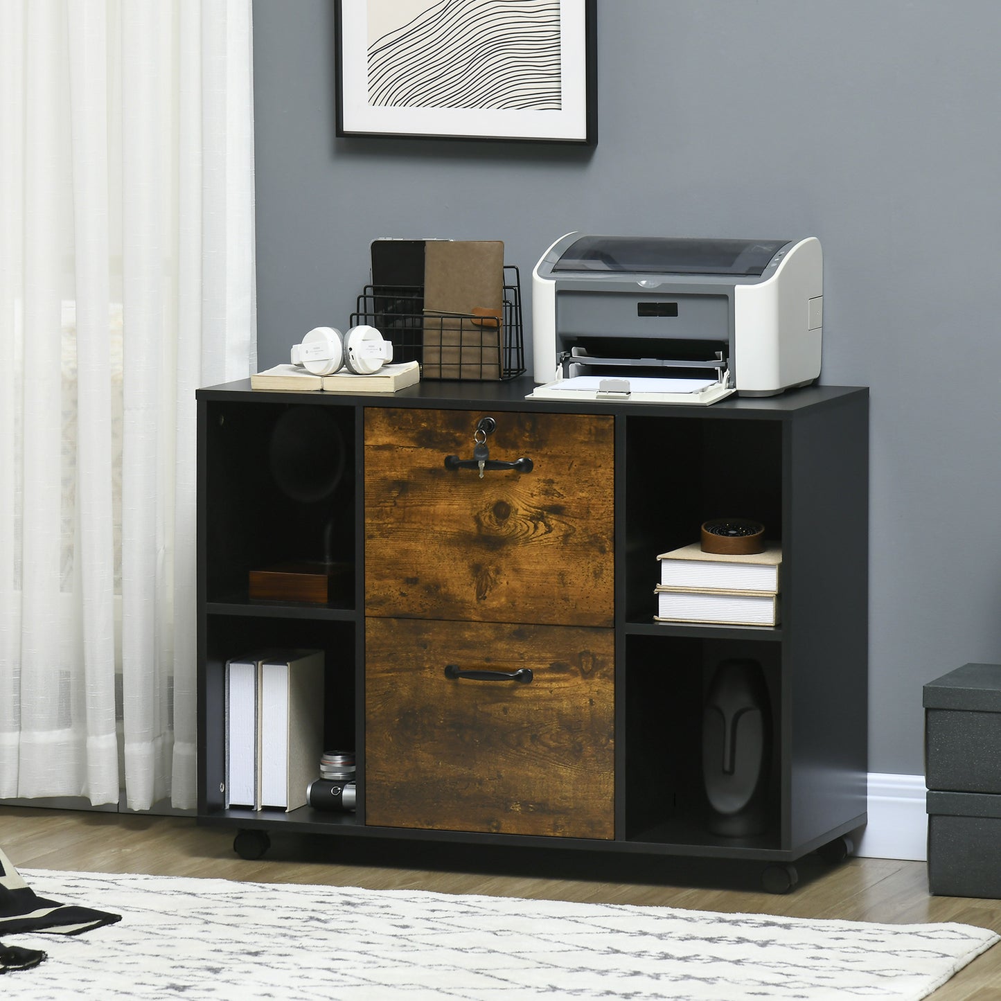 Lateral Filing Cabinet with Wheels and Lockable Drawer, File Cabinet, Mobile Printer Stand with Open Shelves for Letter