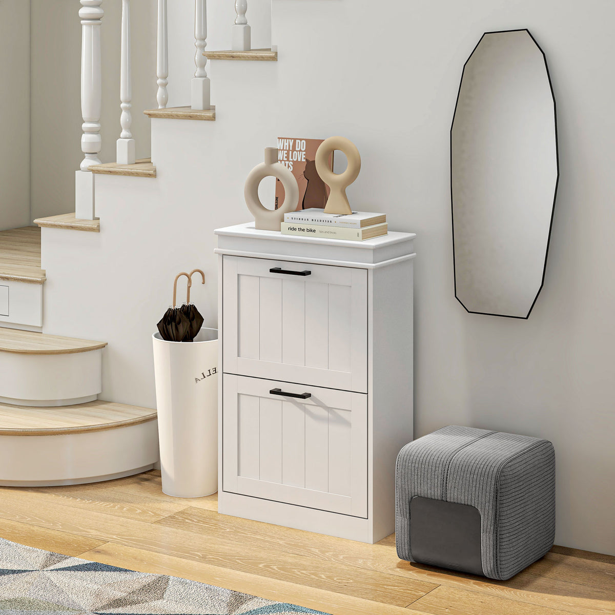 Shoe Storage Cabinet with 2 Flip Drawers and Adjustable Shelves, Narrow Shoe Cabinet for 10 Pairs of Shoes, White