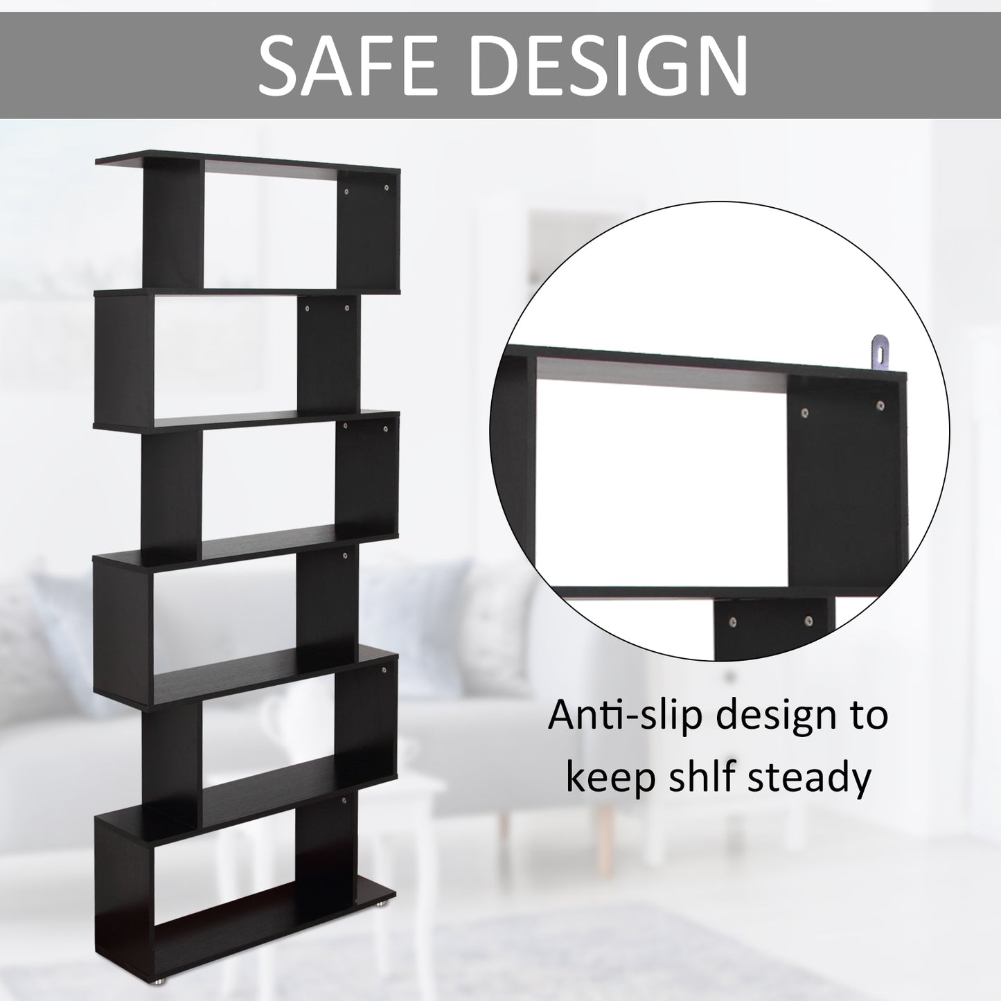 Wooden S Shape Bookcase 6 Shelves Storage Display Home Office Furniture