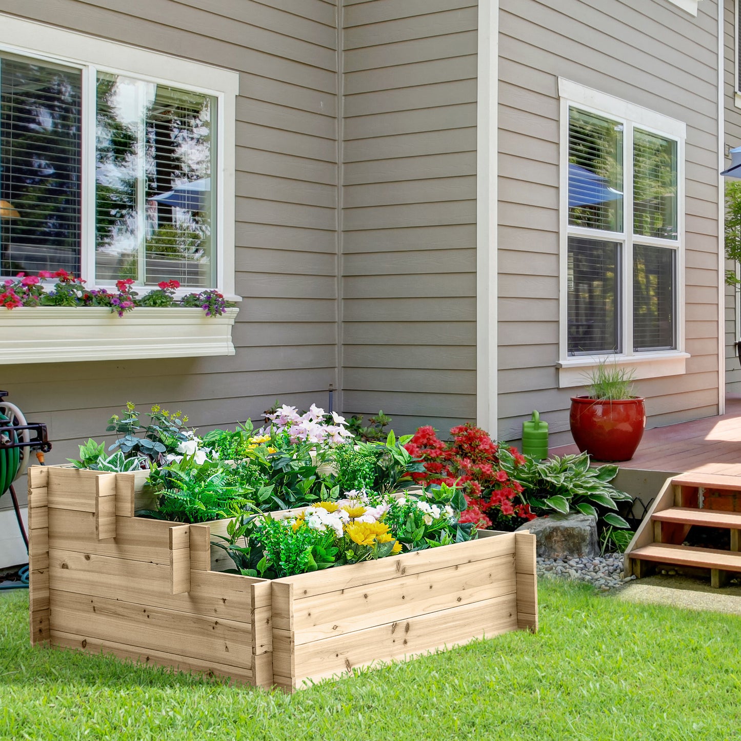3-Tier Wood Raised Garden Bed, 47.2" x 39.4" x 21.3" Elevated Planting Box, Outdoor Vegetable Flower Container, Herb Gar