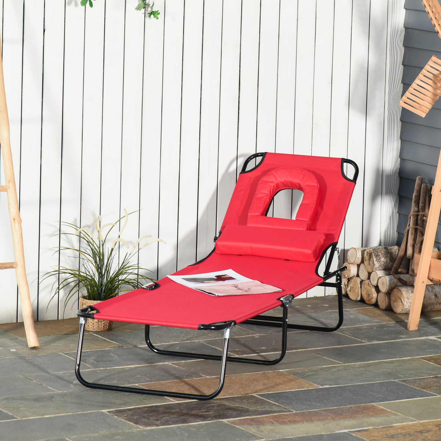Folding Chaise Lounge Chair, Reclining Beach Tanning Chair with Face Hole, Pillow, 4-Position Adjustable Lay Flat Sun Lo