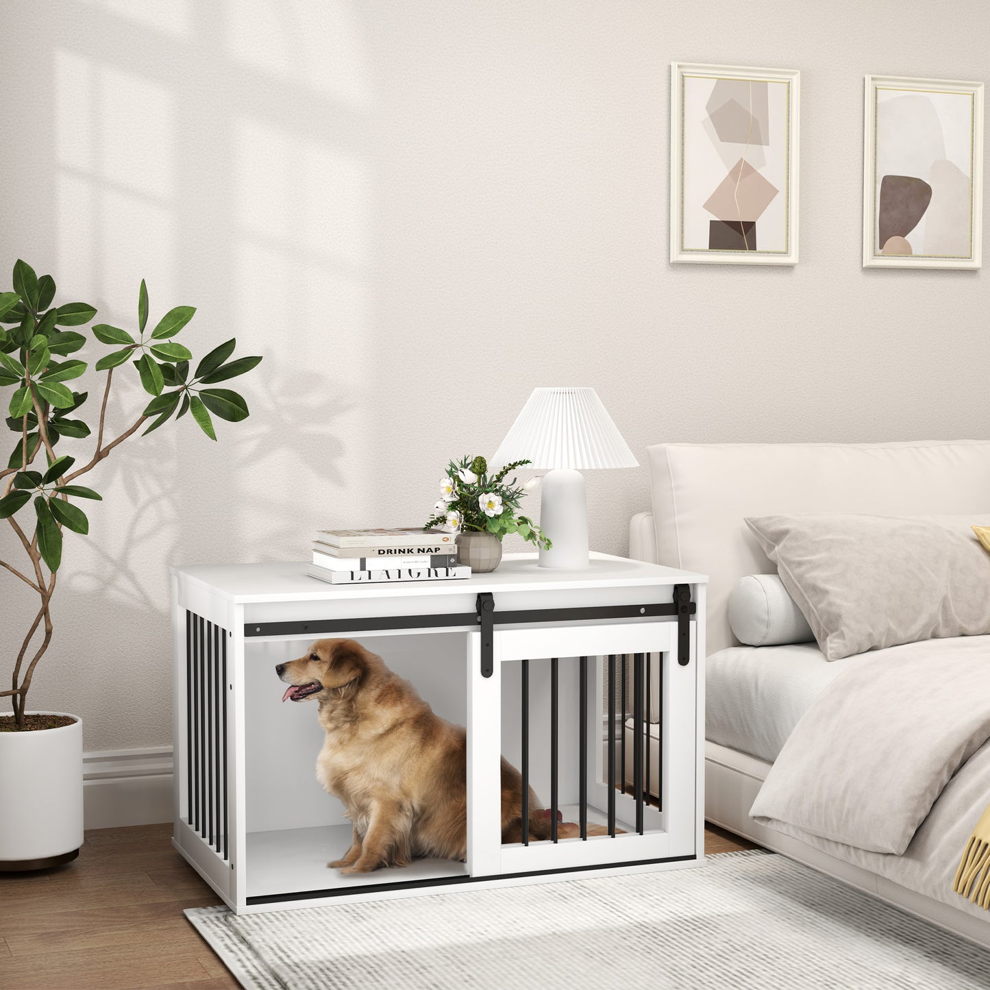 39" Dog Crate Furniture, Dog Crate End Side Table for Large Dogs, White