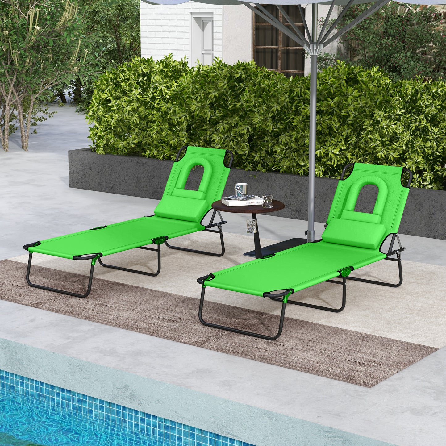 Folding Lounge Chair Set of 2, Reclining Beach Tanning Chair with Face Hole, Pillow, 4-Position Adjustable Flat Sun Loun