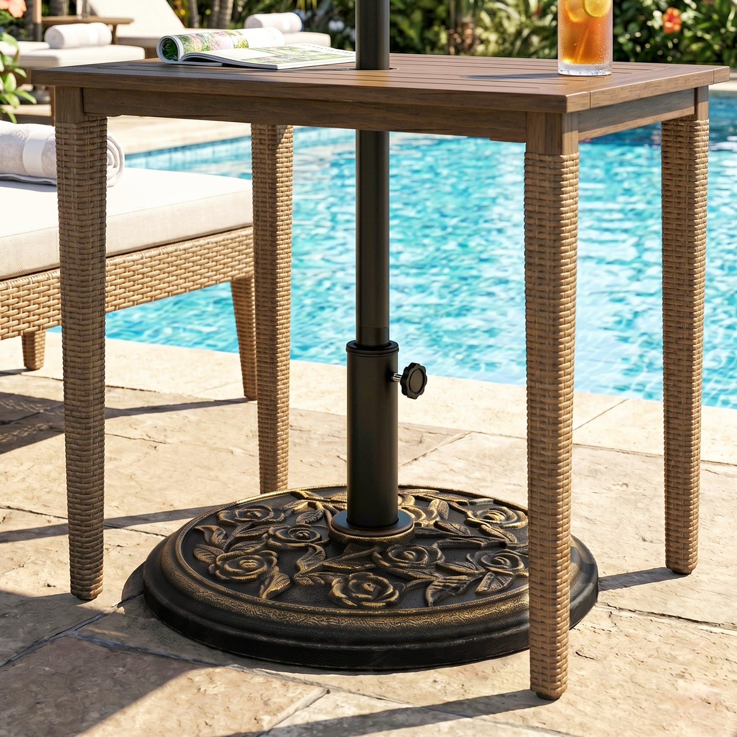 20 lbs Resin Round Patio Umbrella Base 18" Outdoor Decorative Cast Stone Parasol Stand Market Garden Umbrella Holder, Br
