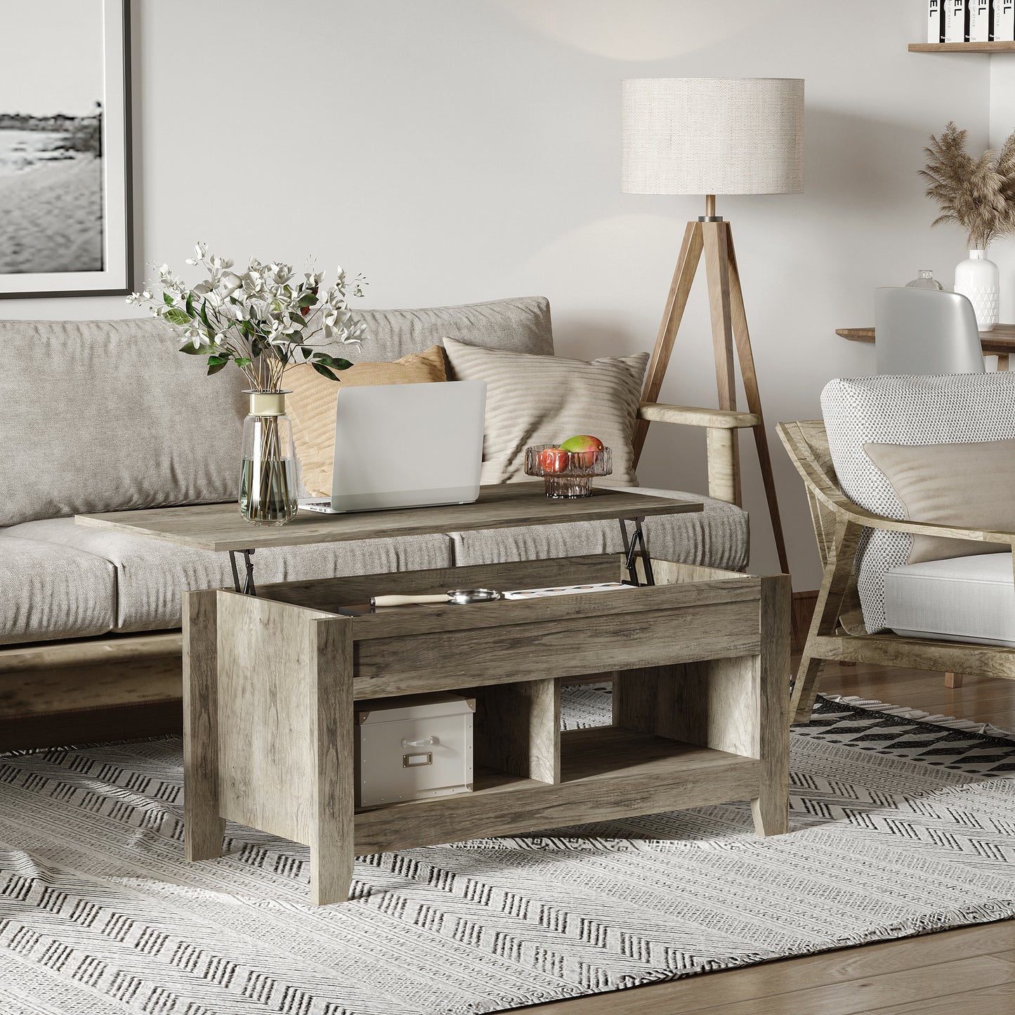 Lift Top Coffee Table with Hidden Storage Compartment and Open Shelves, Lift Tabletop Pop-Up Center Table for Living Roo