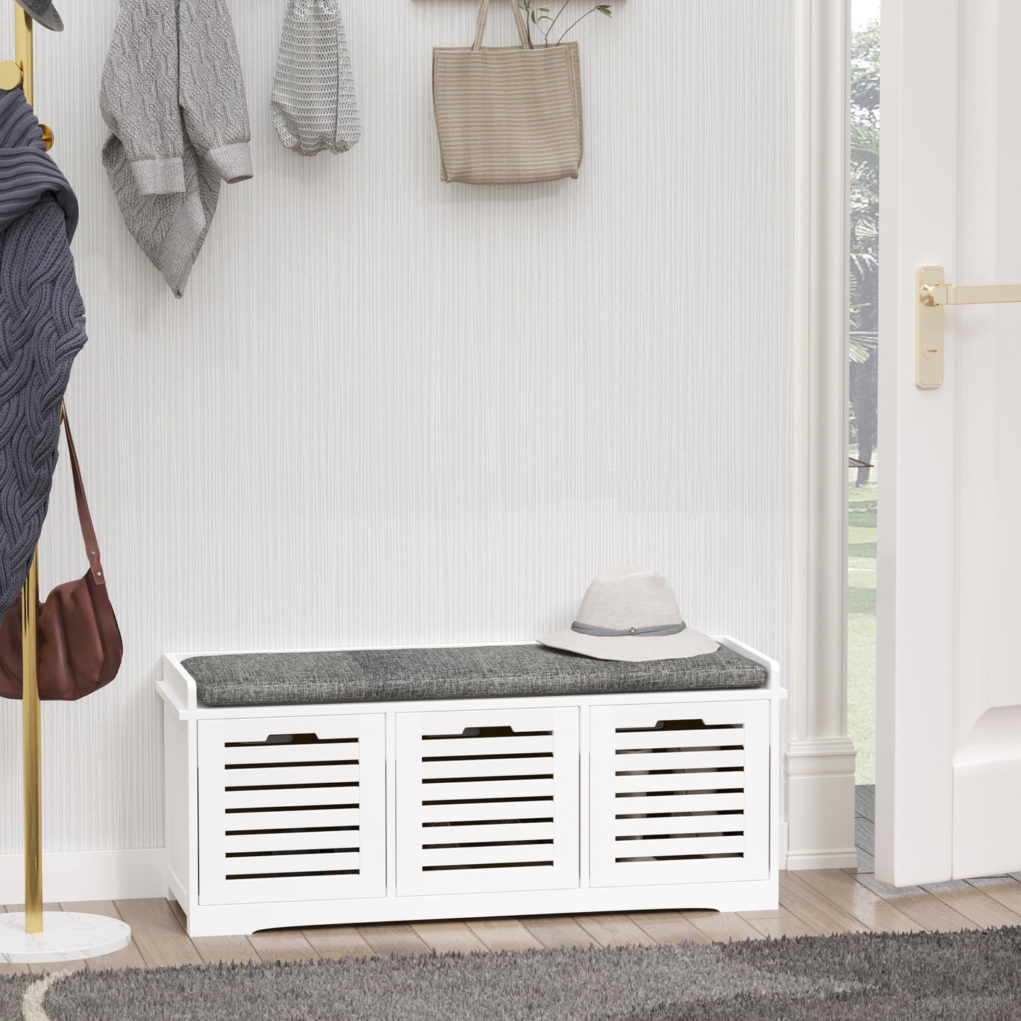 Upholstered Shoe Cabinet Storage Bench with Padded Cushion, with 3 drawer Enough Storage Space Bench Stool for Living Ro