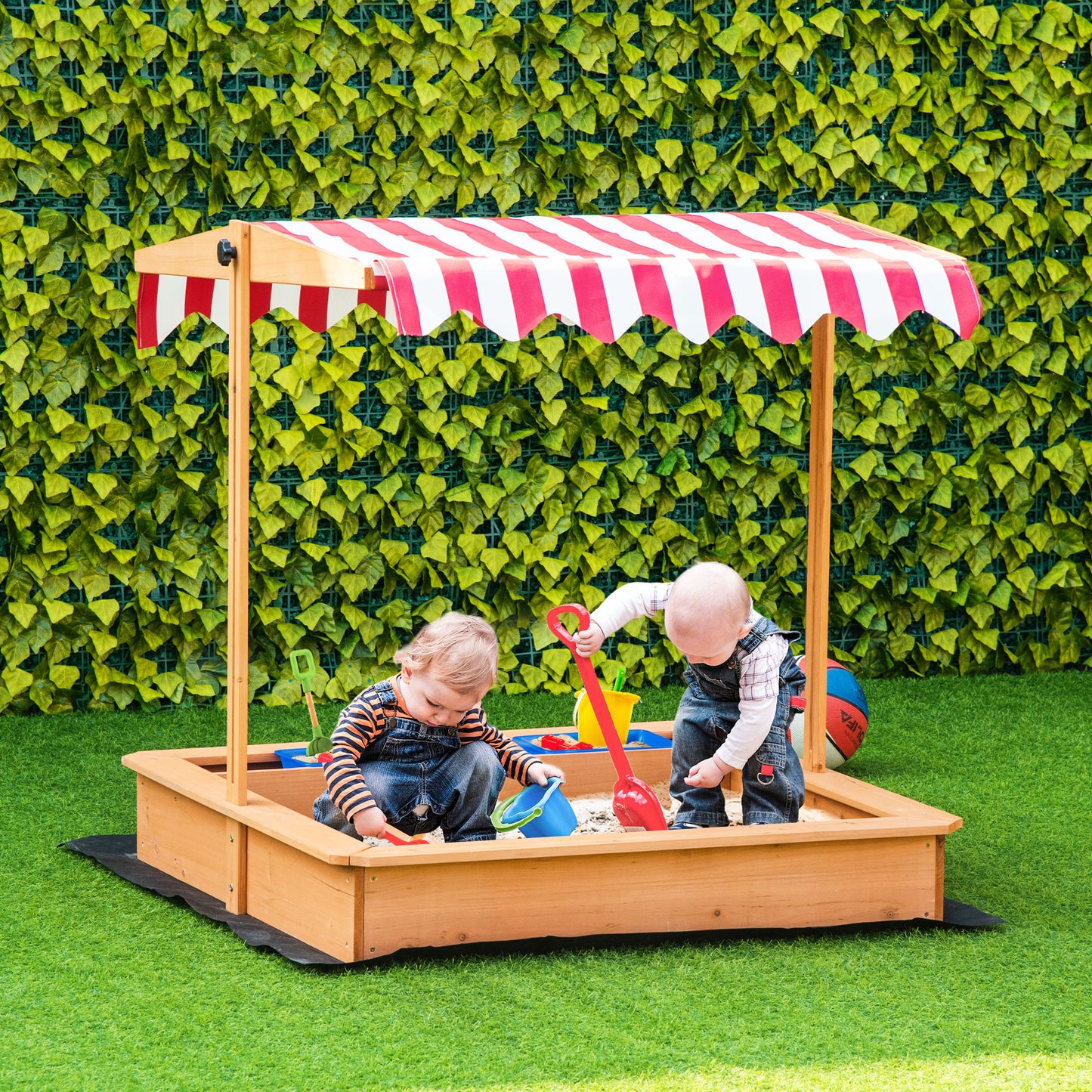 Kids Wooden Sandbox, Children Play Sand Station Outdoor with Adjustable Height Cover Lid, Bottom Liner, Seat, Plastic Ba