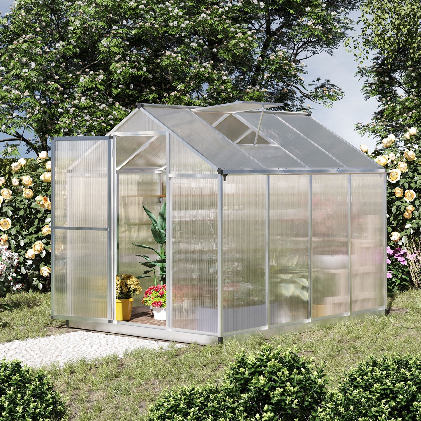 6' x 8' x 6.4' Polycarbonate Greenhouse, Aluminum Walk-In Green House Kit Garden, Plants Grow with Rain Gutter and Roof