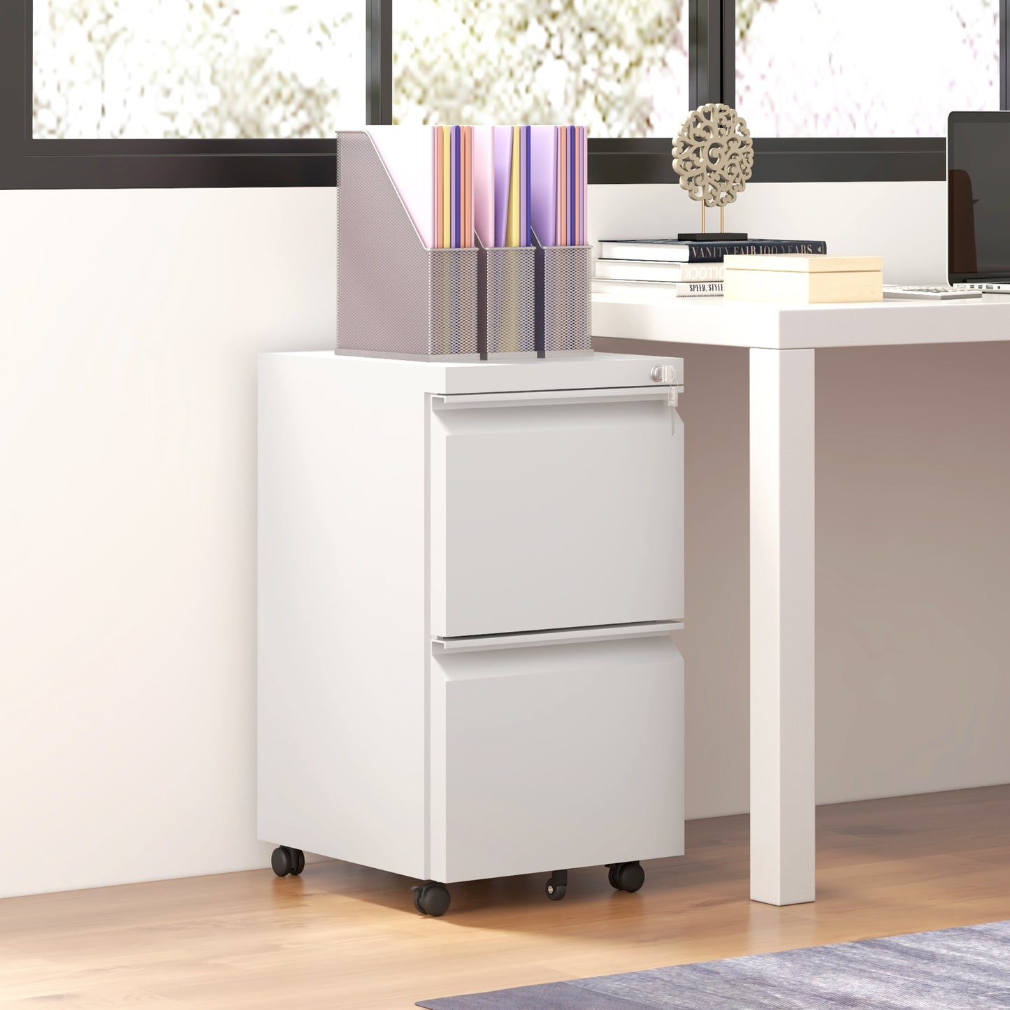 Mobile Vertical Filing Cabinet with Lock, 2-Drawer Steel File Cabinet with Adjustable Hanging Bar for Letter, A4 and Leg