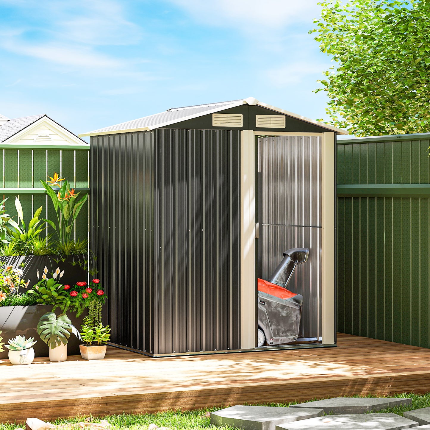 5ft x 4ft Garden Metal Storage Shed, Tool Storage Shed with Top Vents, Sliding Door, Sloped Roof and Foundation Kit for