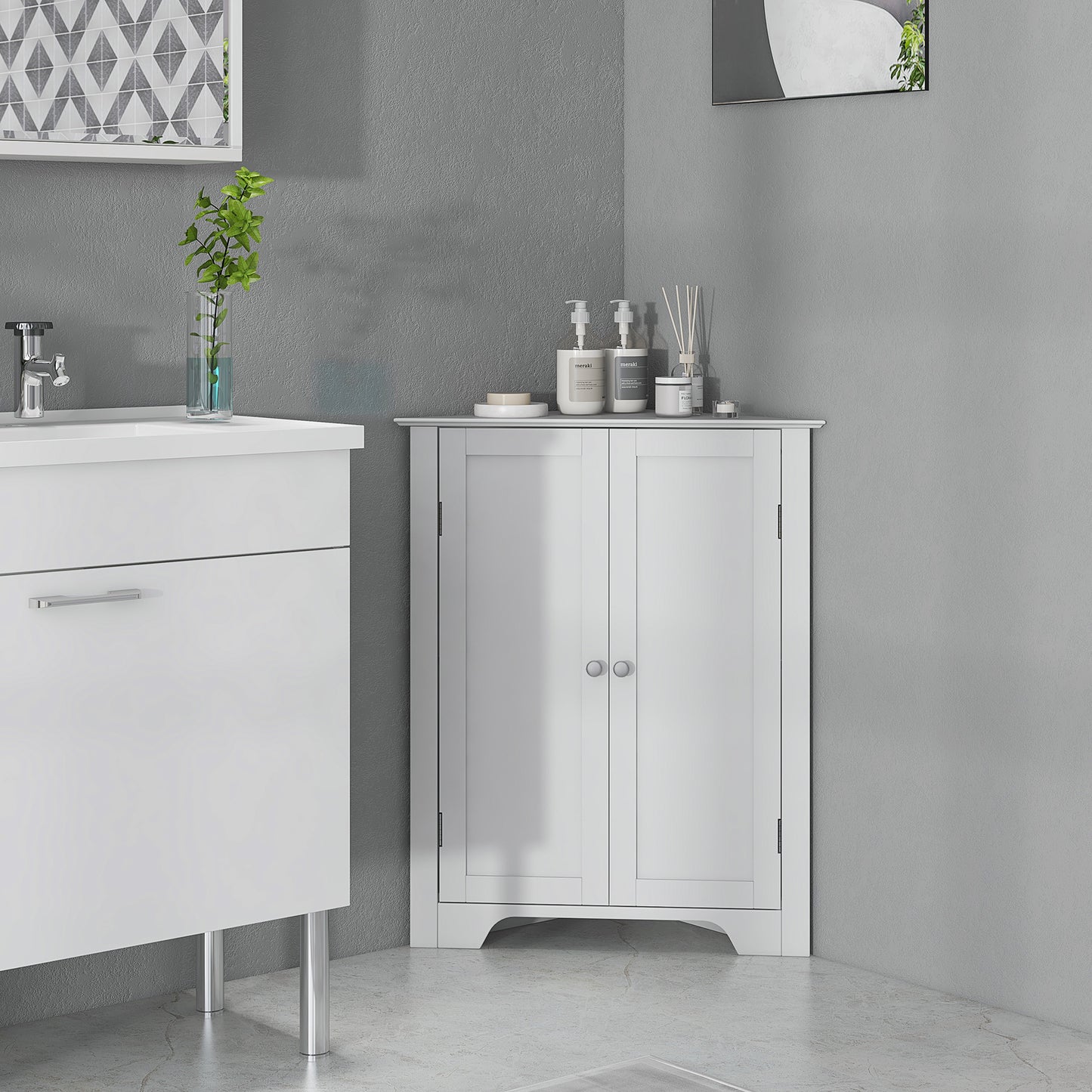 Modern Bathroom Storage Cabinet, Corner Cabinet with Doors, Bathroom Cabinet with Adjustable Shelf and Recessed Door, Wh