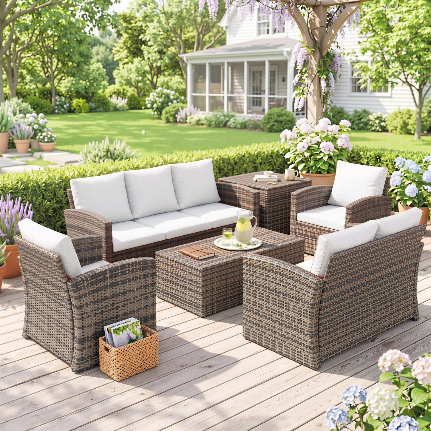 6 Pieces Wicker Patio Furniture Set with Cushions, 7-Seater Rattan Patio Sofa Set with Storage Table, Cream White