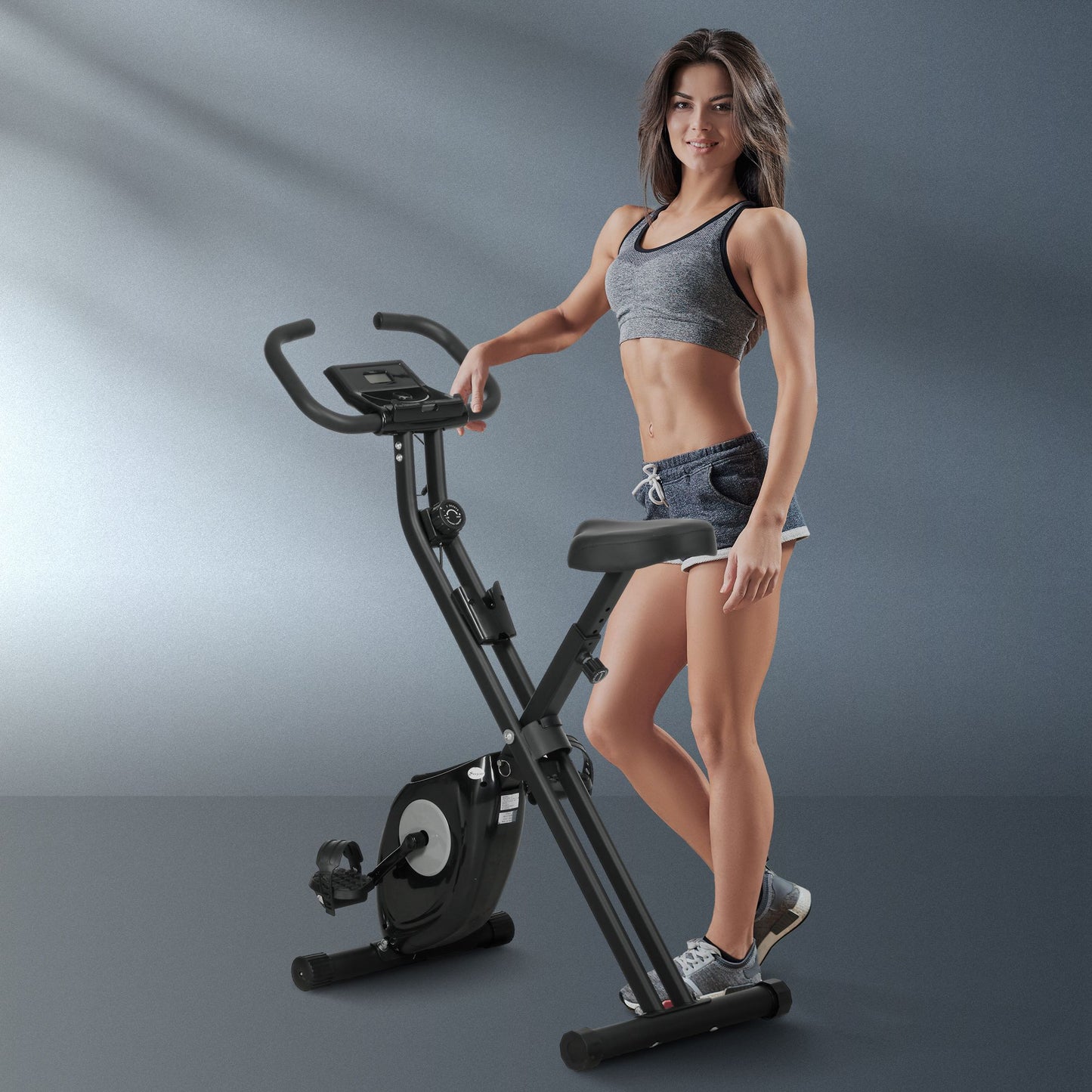 Soozier Foldable Exercise Bike Indoor Stationary Bike w/ 8-Level Magnetic Resistance LCD Screen Phone Holder for Home Gy